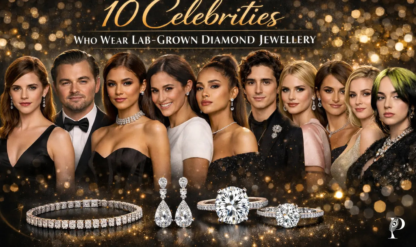 A group of celebrities in elegant evening attire, showcasing various pieces of lab-grown diamond jewelry, set against a sparkling, golden background.