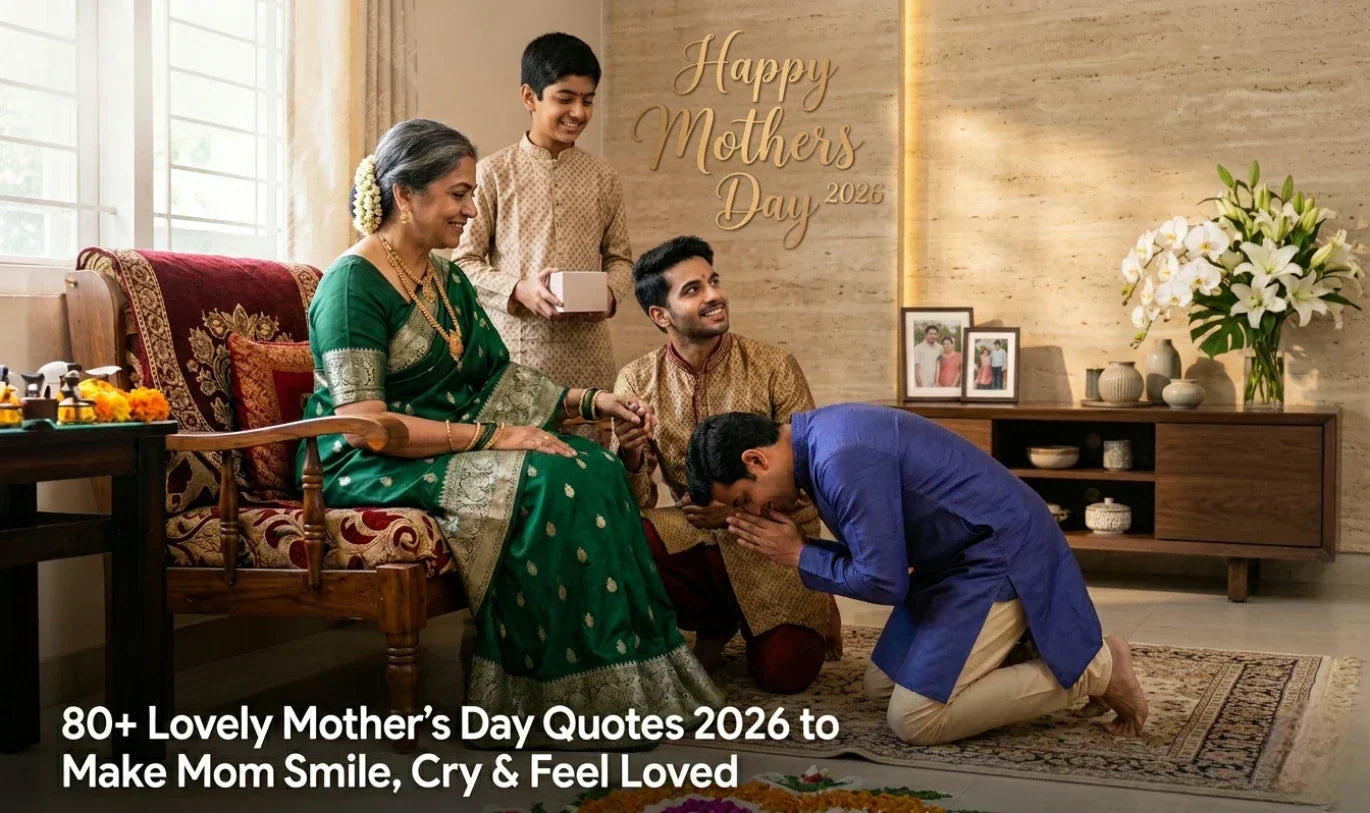 Happy Mother's Day 2026 – Indian family celebrating Mother's Day at home; sons offering gifts and touching mother's feet in traditional blessing gesture, mother dressed in green silk saree with gold jewellery