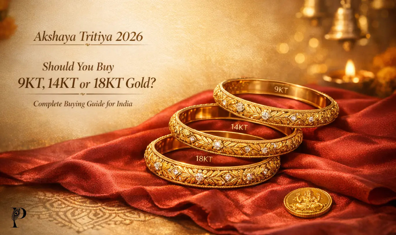 Three ornate gold bangles labeled 9KT, 14KT, and 18KT rest on rich red fabric. A gold coin and candles in the background add warmth. Text: "Akshaya Tritiya 2026: Should You Buy 9KT, 14KT, or 18KT Gold? Complete Buying Guide for India.