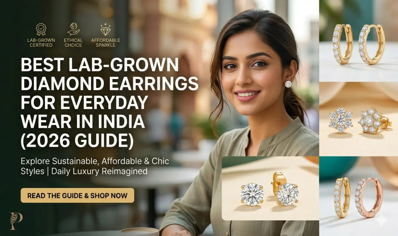 Smiling woman with sparkling earrings beside text promoting lab-grown diamond earrings in India for 2026. Includes images of various earring styles. Cozy and luxurious tone.
