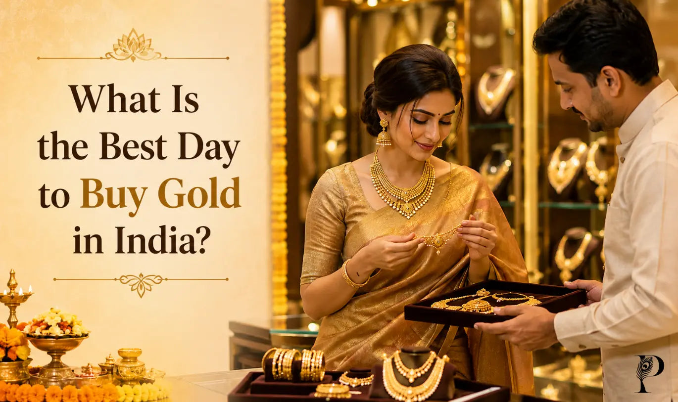 Elegant Indian woman shopping for gold jewelry in a luxury showroom while a jeweler presents a gold necklace, showcasing traditional gold ornaments and festive Indian buying culture.