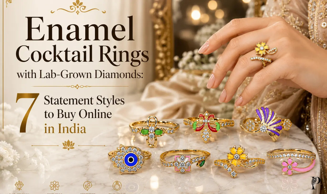 Enamel cocktail rings with lab-grown diamonds featuring seven colorful statement styles displayed on a luxury marble surface with a model wearing a yellow enamel floral ring.