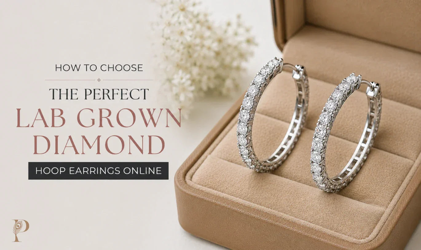 A pair of lab grown diamond hoop earrings displayed in an open beige jewelry box, with white flowers in the background and text reading 'How to Choose the Perfect Lab Grown Diamond Hoop Earrings Online