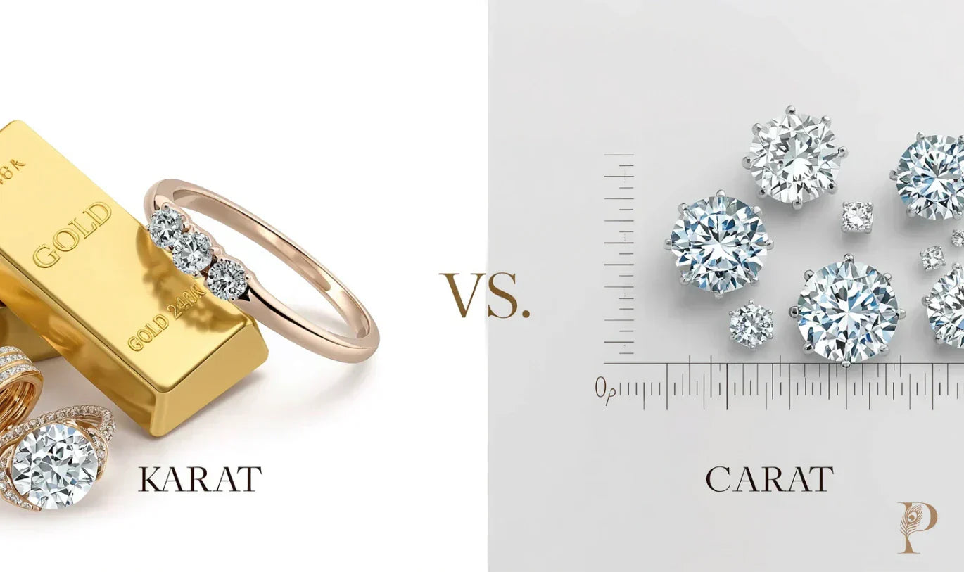 Karat vs Carat comparison gold bar and diamond ring illustrating karat (gold purity) on the left, and loose round brilliant diamonds of various sizes on a ruler illustrating carat (diamond weight) on the right