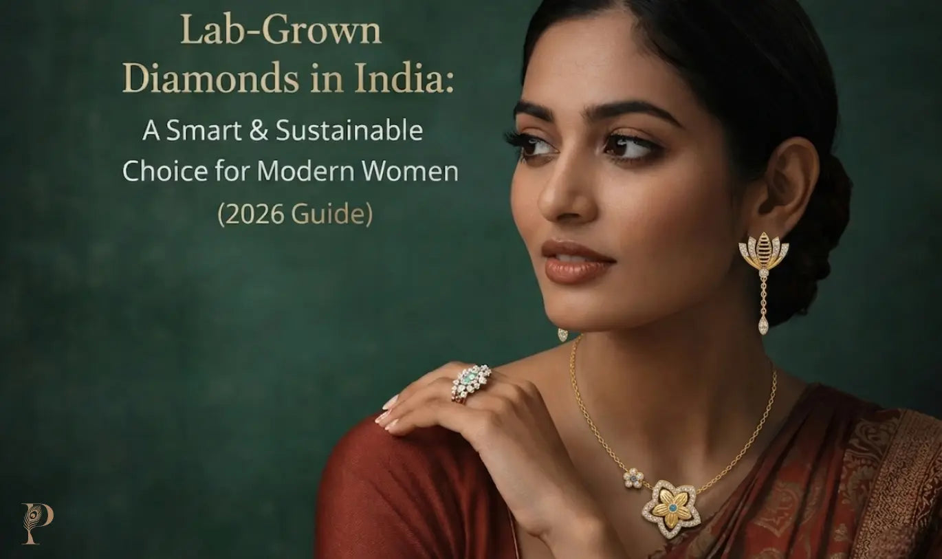 Elegant woman in traditional attire showcases lab-grown diamond jewelry on a dark green background.