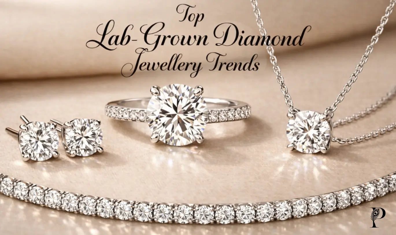 Elegant jewelry set featuring diamond earrings, a sparkling ring, a delicate necklace, and a bracelet, all on a soft beige background.