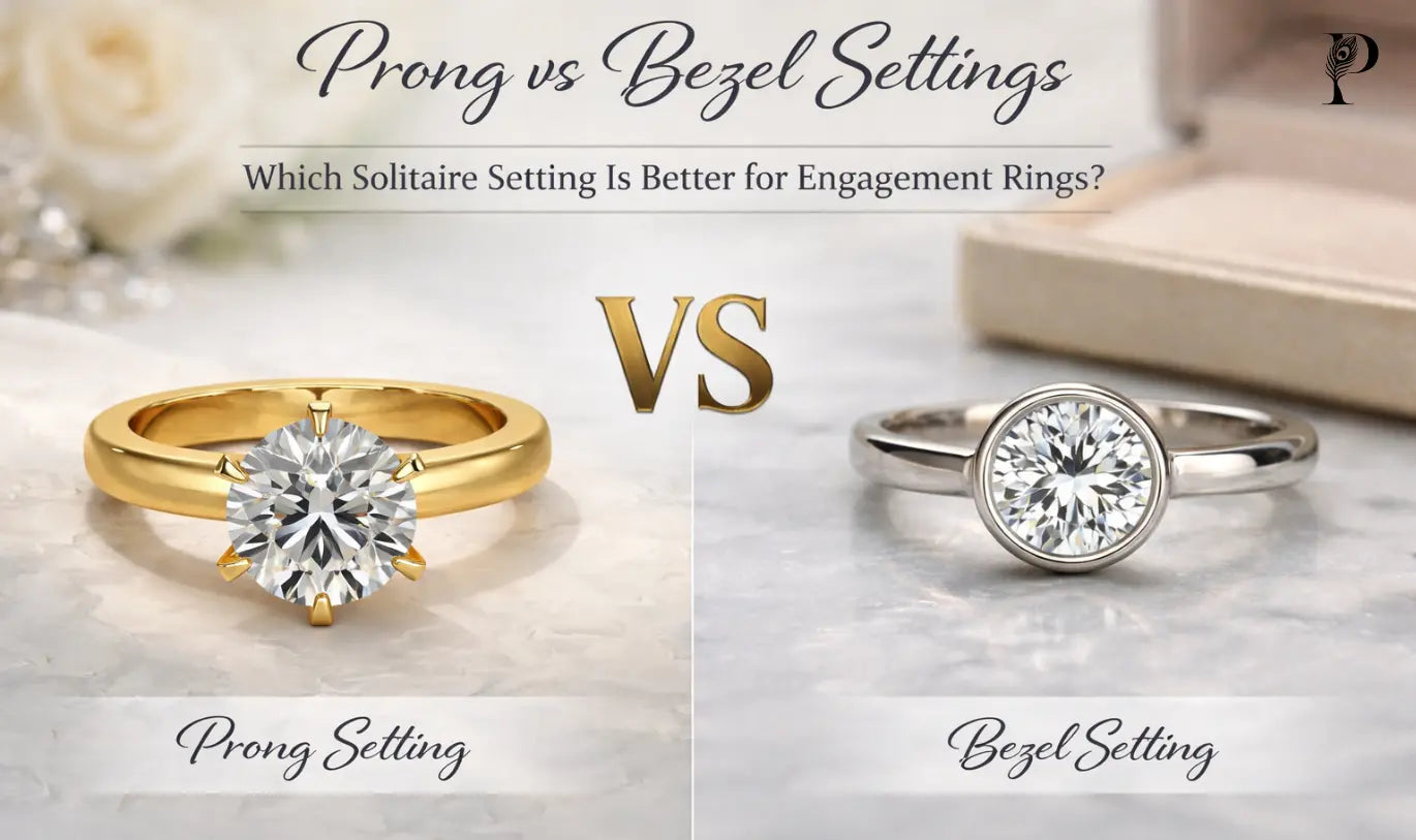A comparison image showing a gold prong setting ring on the left and a silver bezel setting ring on the right, asking which is better for engagement rings.