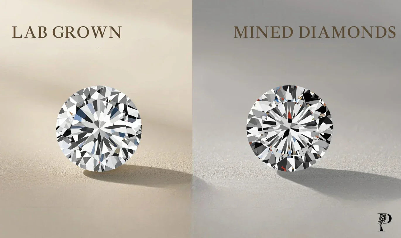 Side-by-side comparison of lab grown diamond vs mined diamond – brilliant round cut, Prachha Jewels