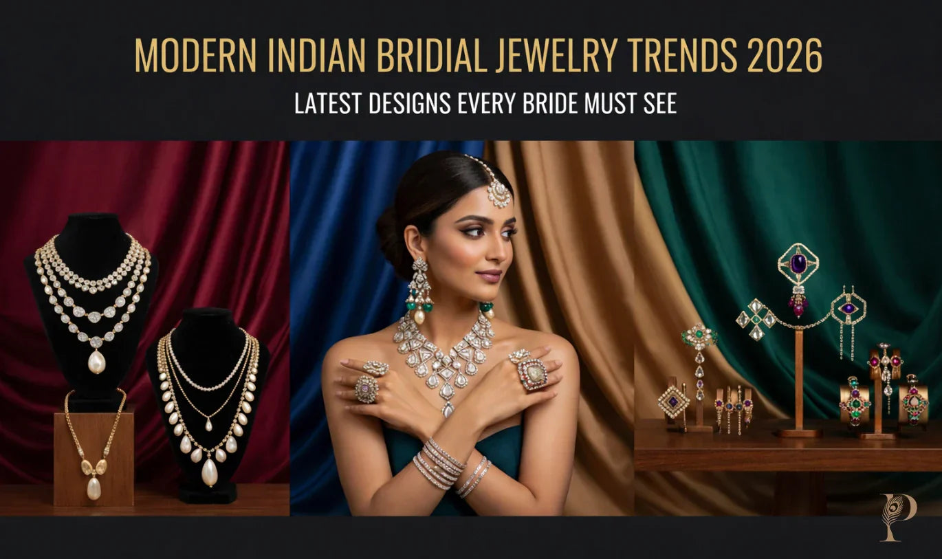 Modern Indian Bridal Jewelry display featuring a woman adorned with intricate necklaces, earrings, and bangles. Elegant, vibrant, and luxurious ambiance.