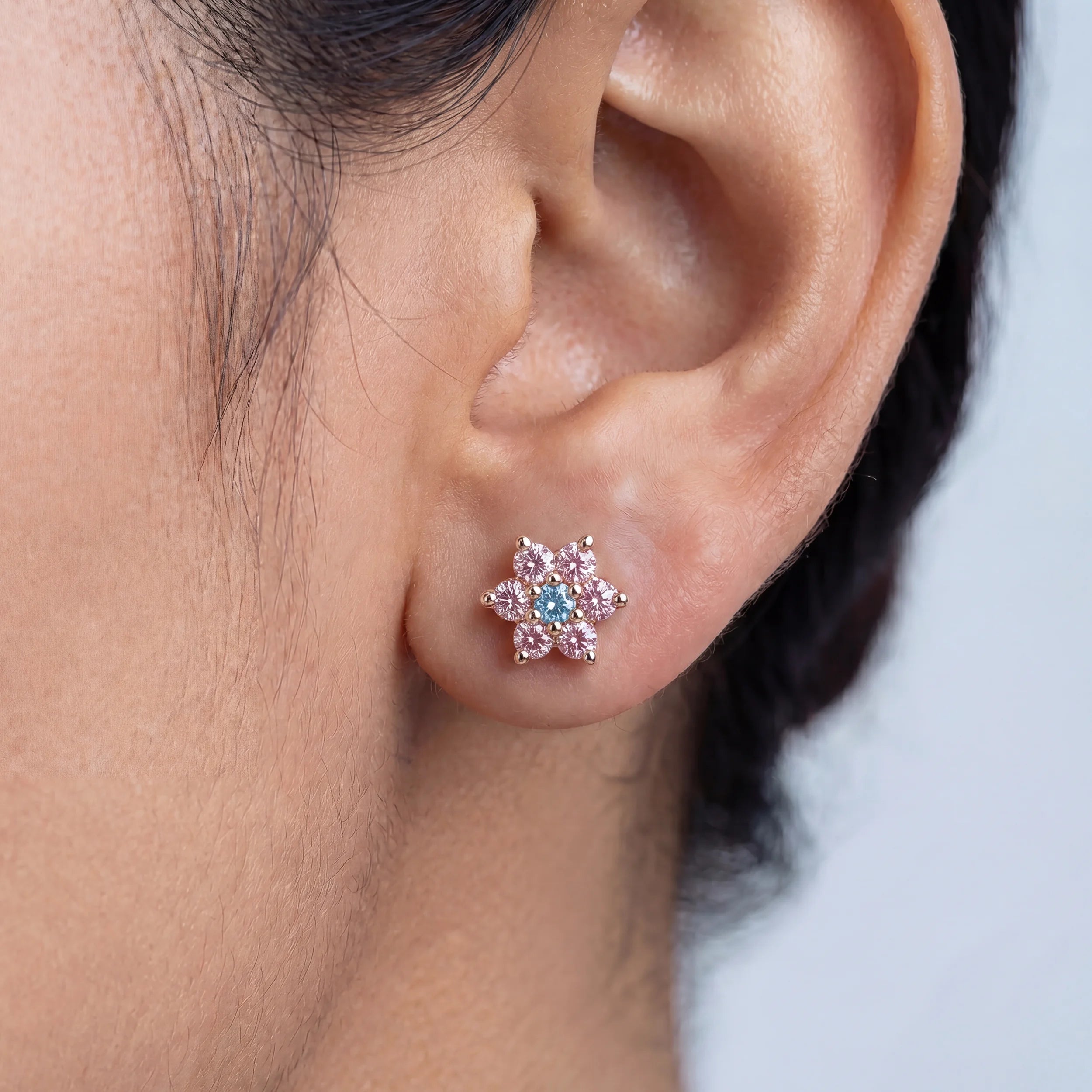 Floral Style Pink Round Diamond Stud Earring