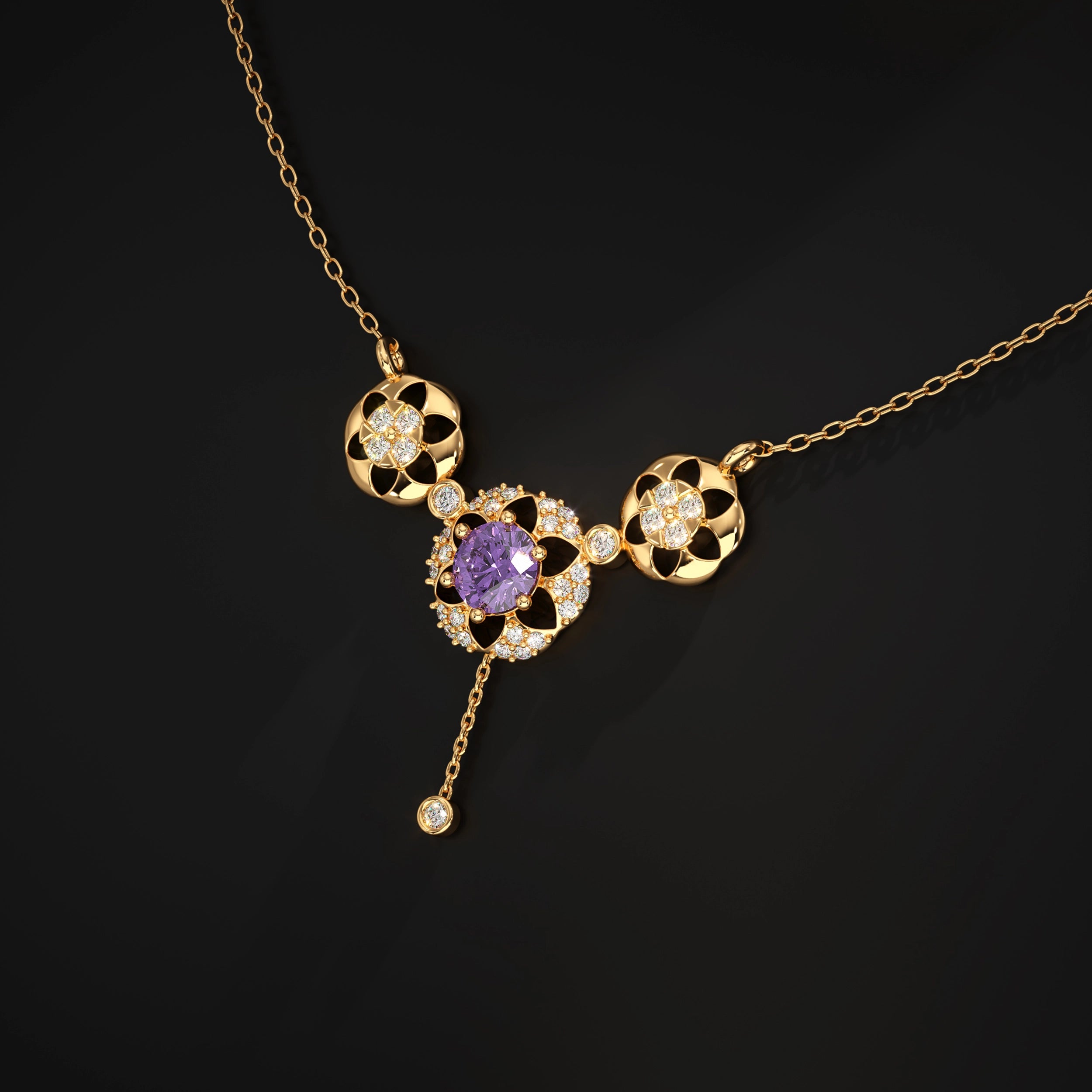Round Diamond Flower Shape Drop Chain Pendant