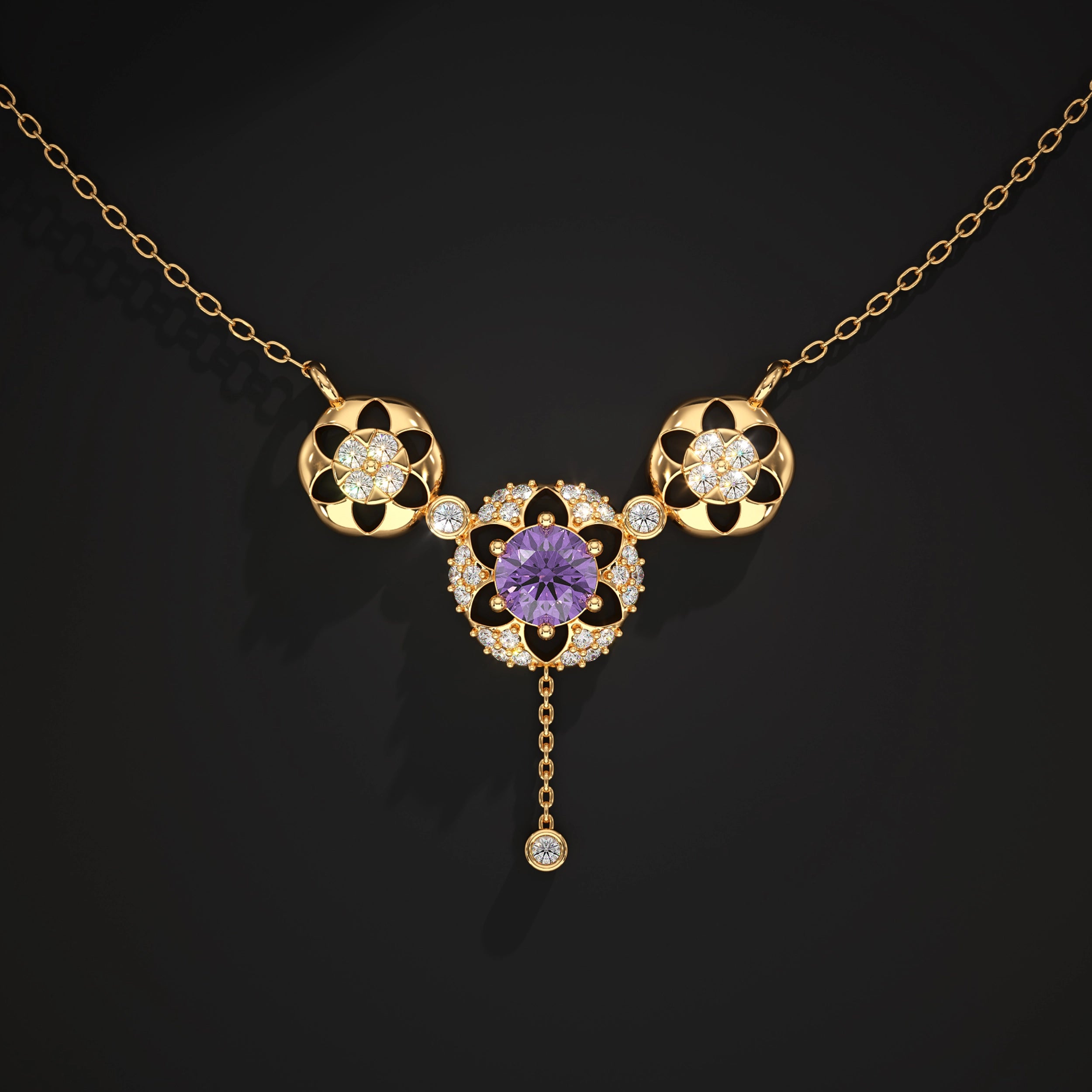 Round Diamond Flower Shape Drop Chain Pendant