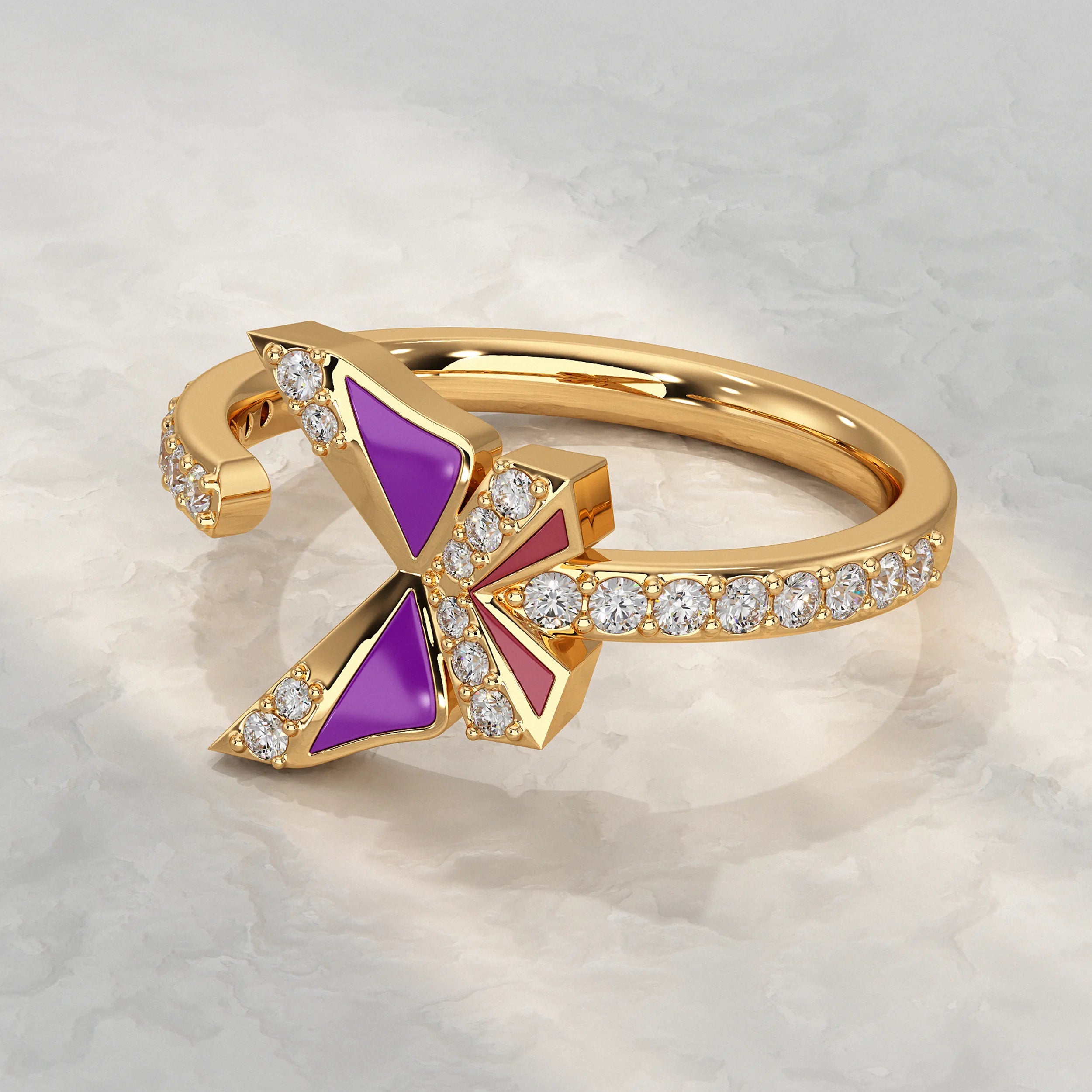 Purple Enamel Butterfly Lab Diamond Open Cuff Ring