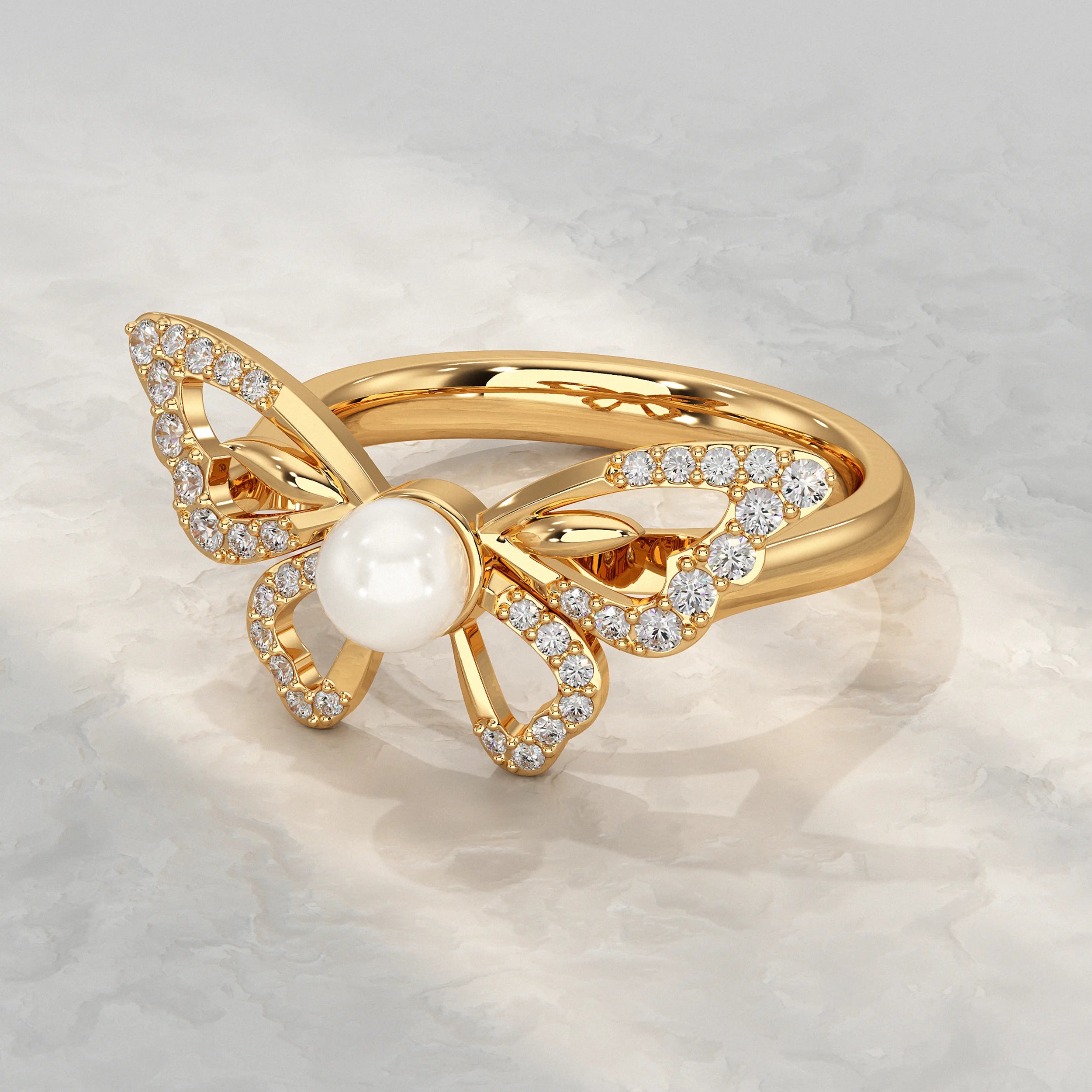 Butterfly With Round Pearl Gemstone Ring