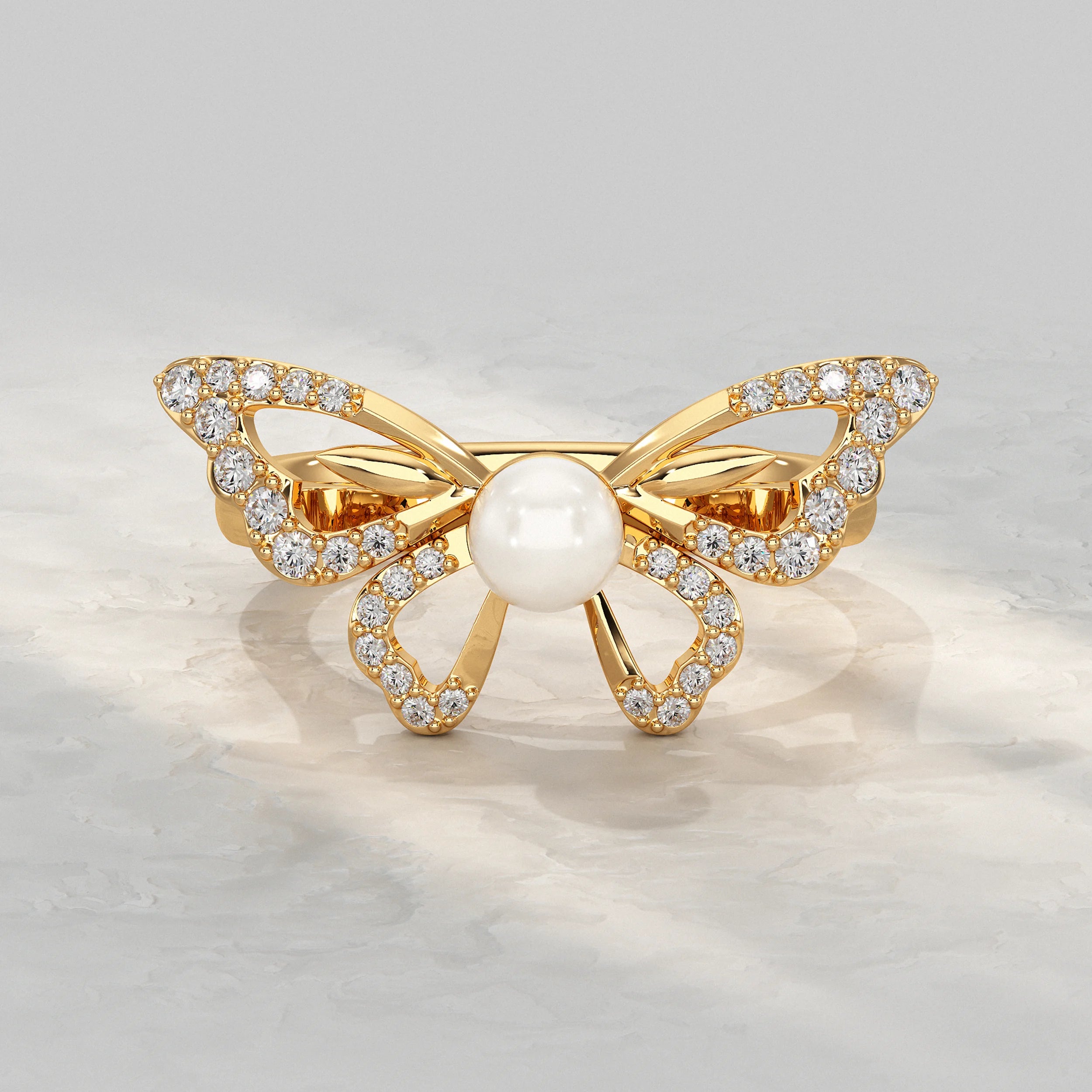 Butterfly With Round Pearl Gemstone Ring