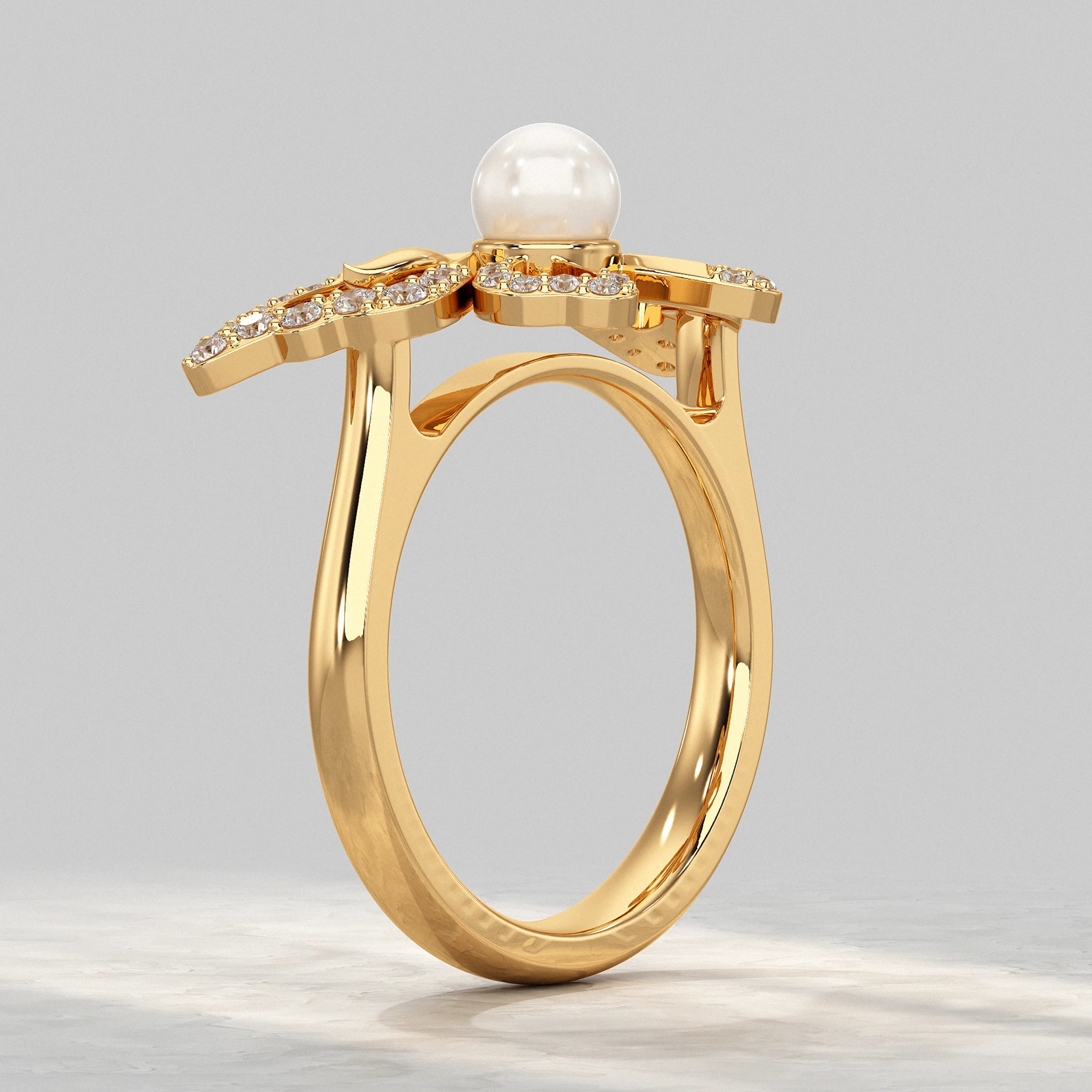 Butterfly With Round Pearl Gemstone Ring