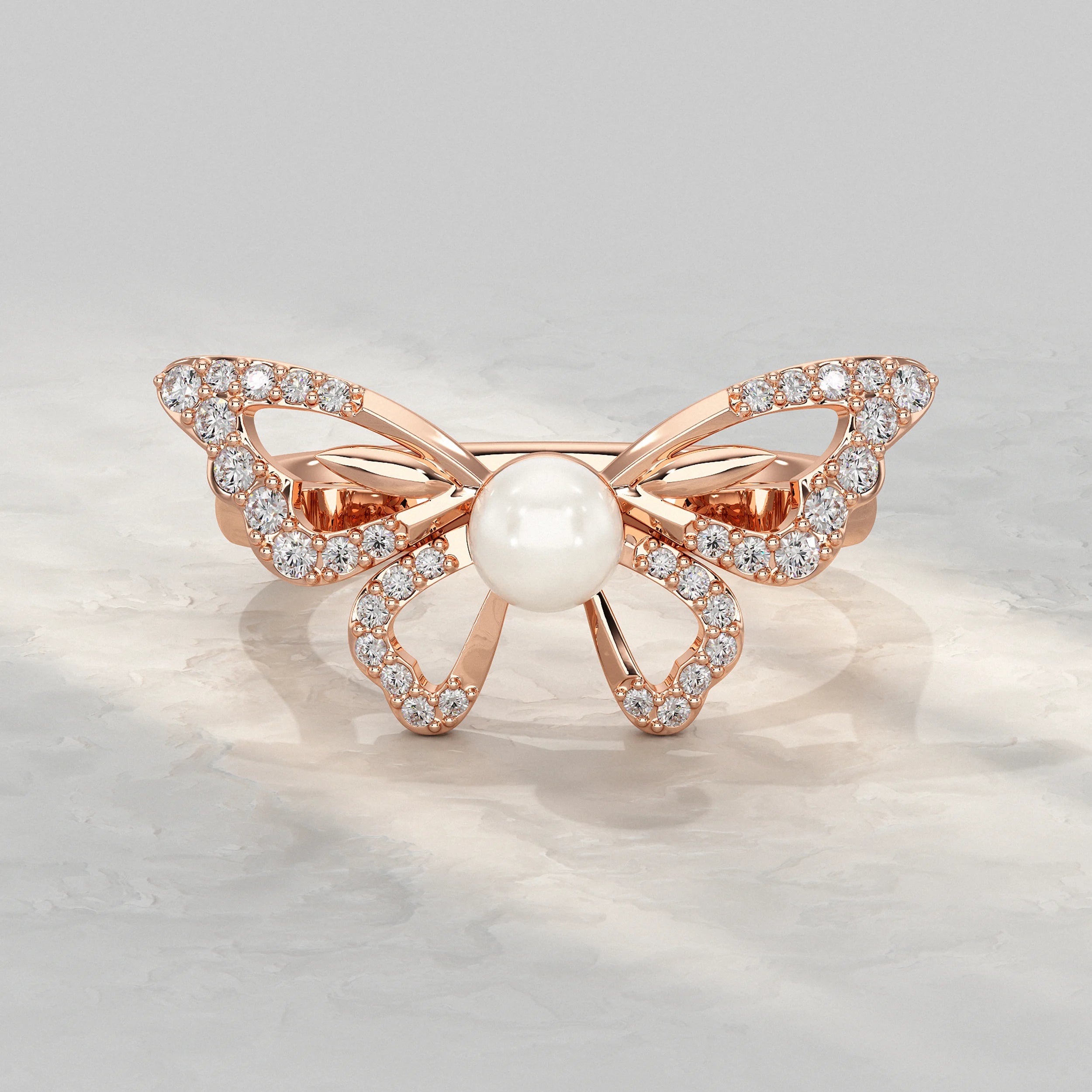 Butterfly With Round Pearl Gemstone Ring