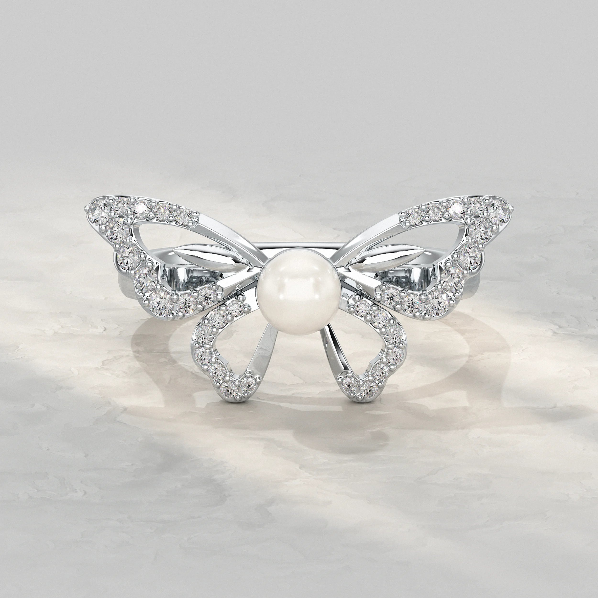Butterfly With Round Pearl Gemstone Ring