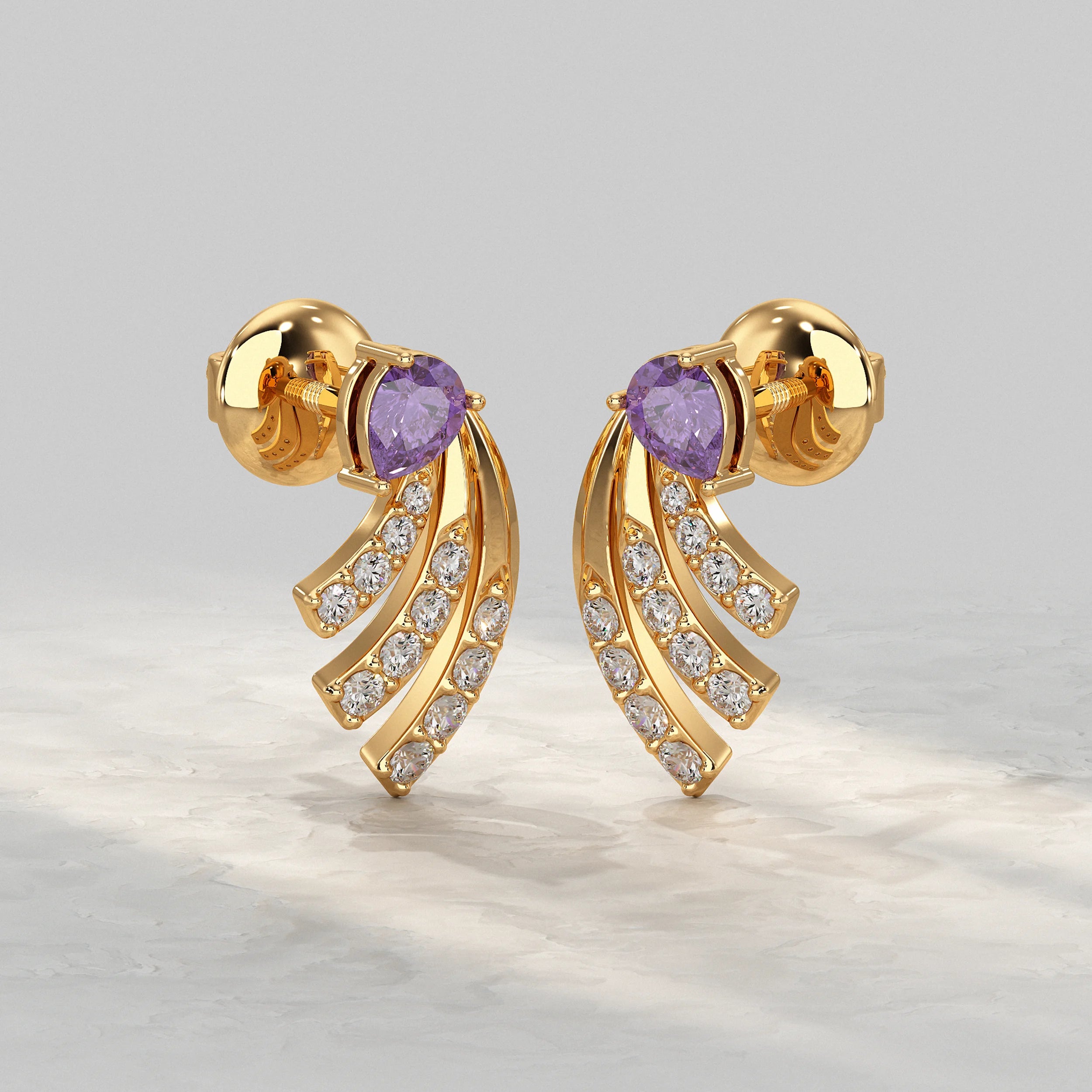 Pear Shaped Amethyst And Round Diamond Stud Earrings