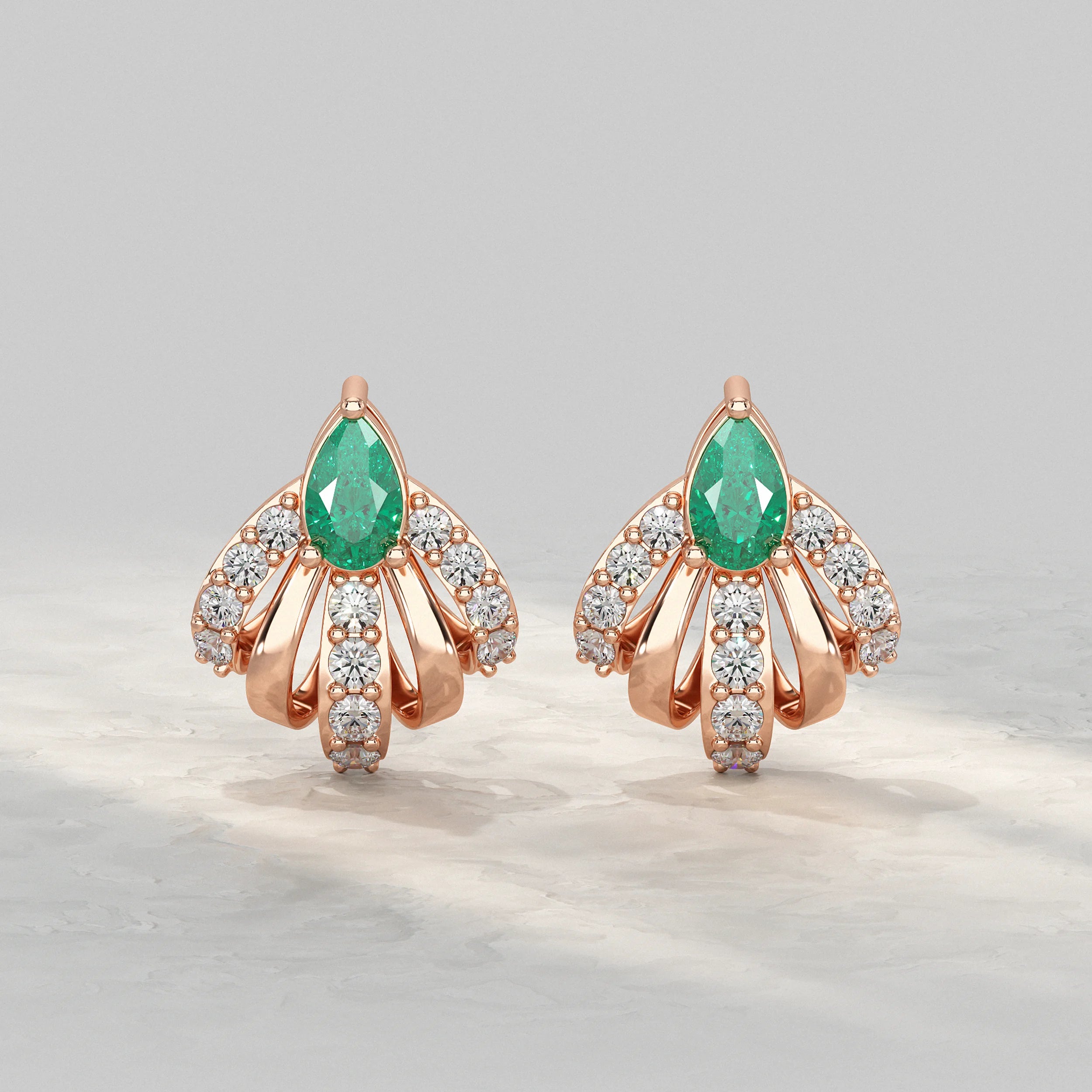 Pear Cut Emerald And Diamond Cluster Stud Earrings