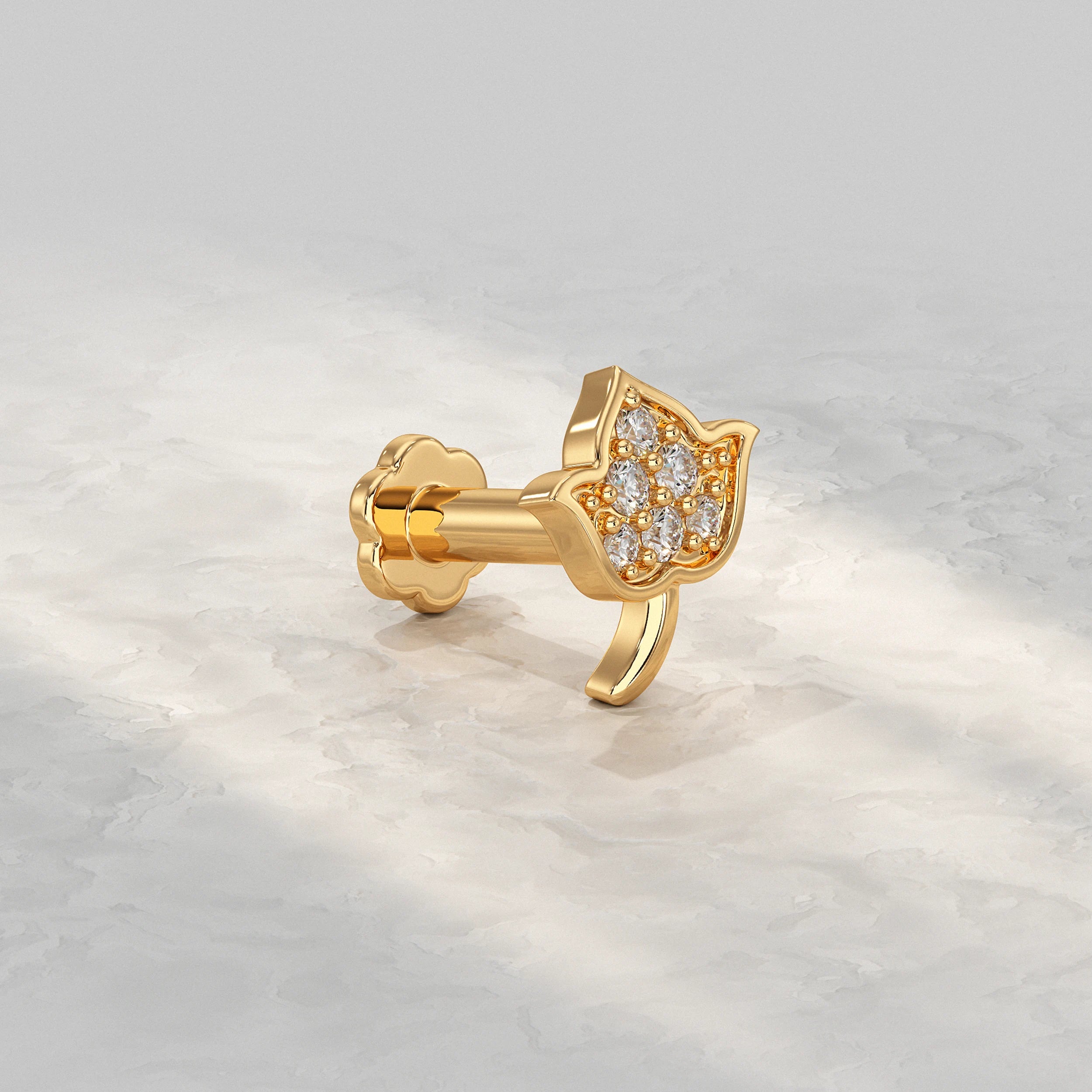 Contemporary-Yellow-Gold-Nose-Stud-With-Leaf-Shape-And-Diamond-Cluster
