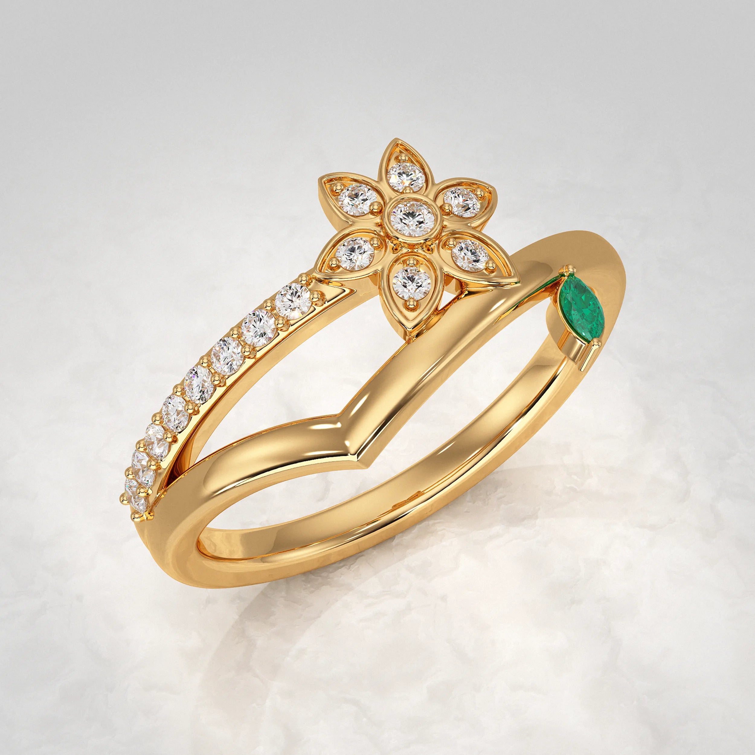 Yellow-Gold-Ring-with-Diamond-Flower-and-Green-Enamel-Leaf