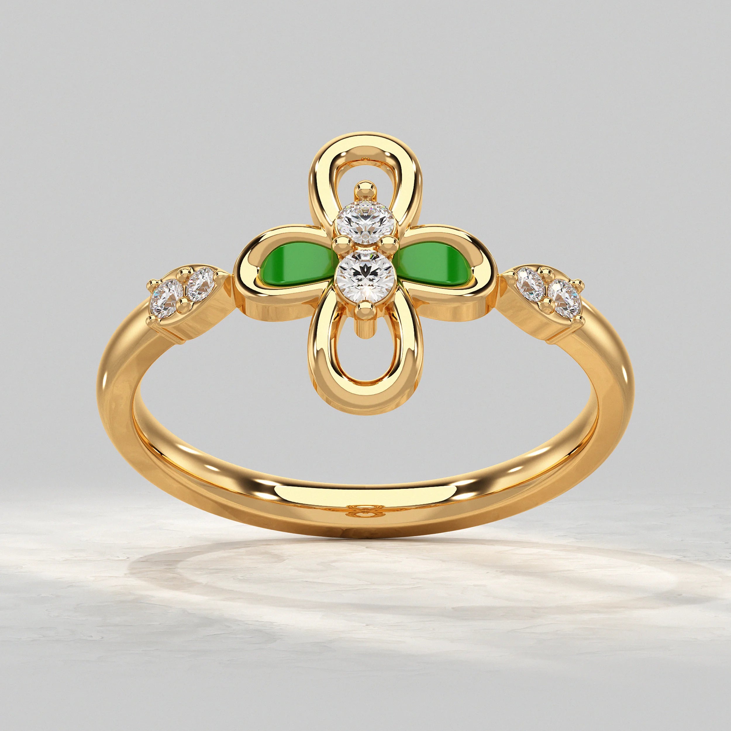 Floral Diamond Ring with Green Enamel Accent