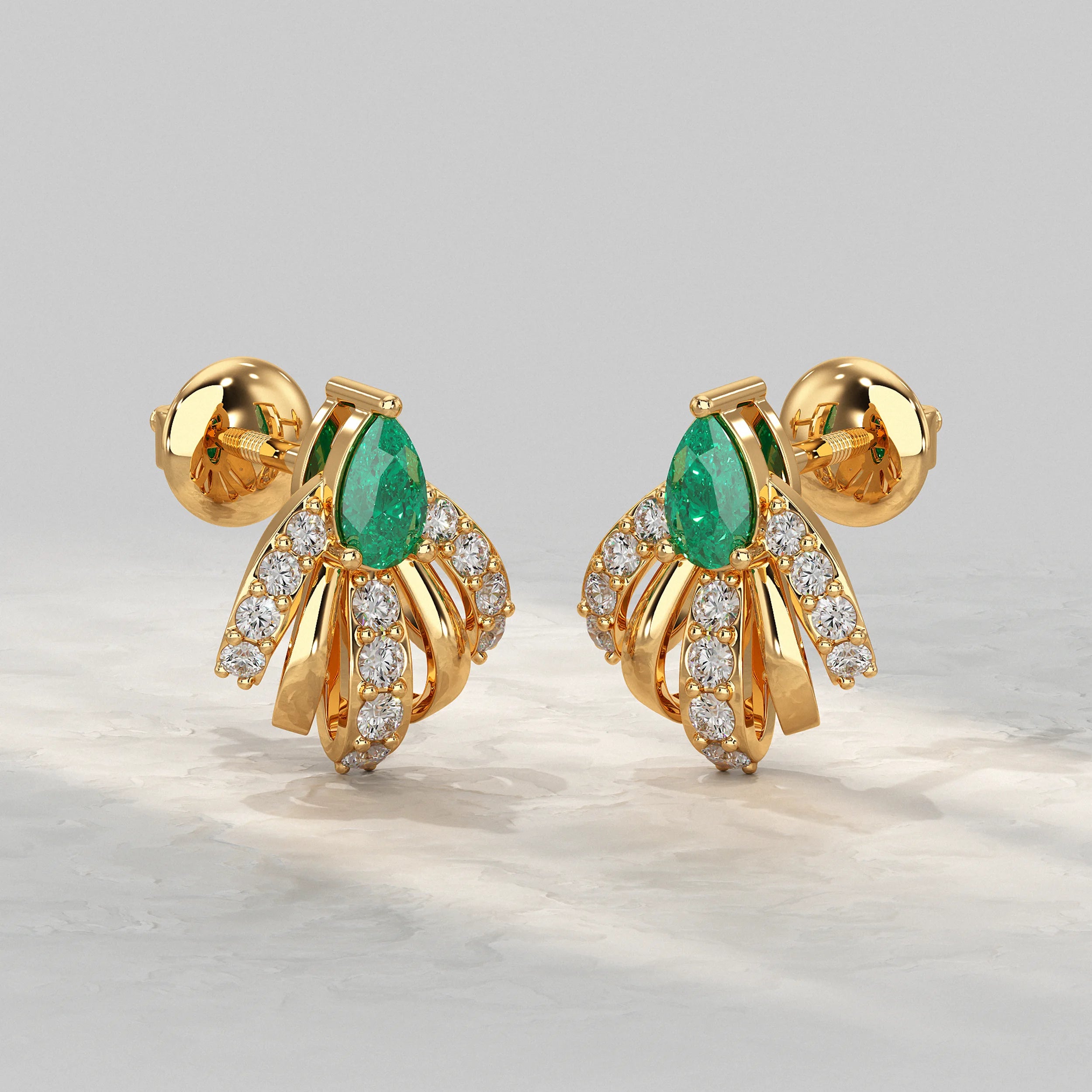 Pear Cut Emerald And Diamond Cluster Stud Earrings