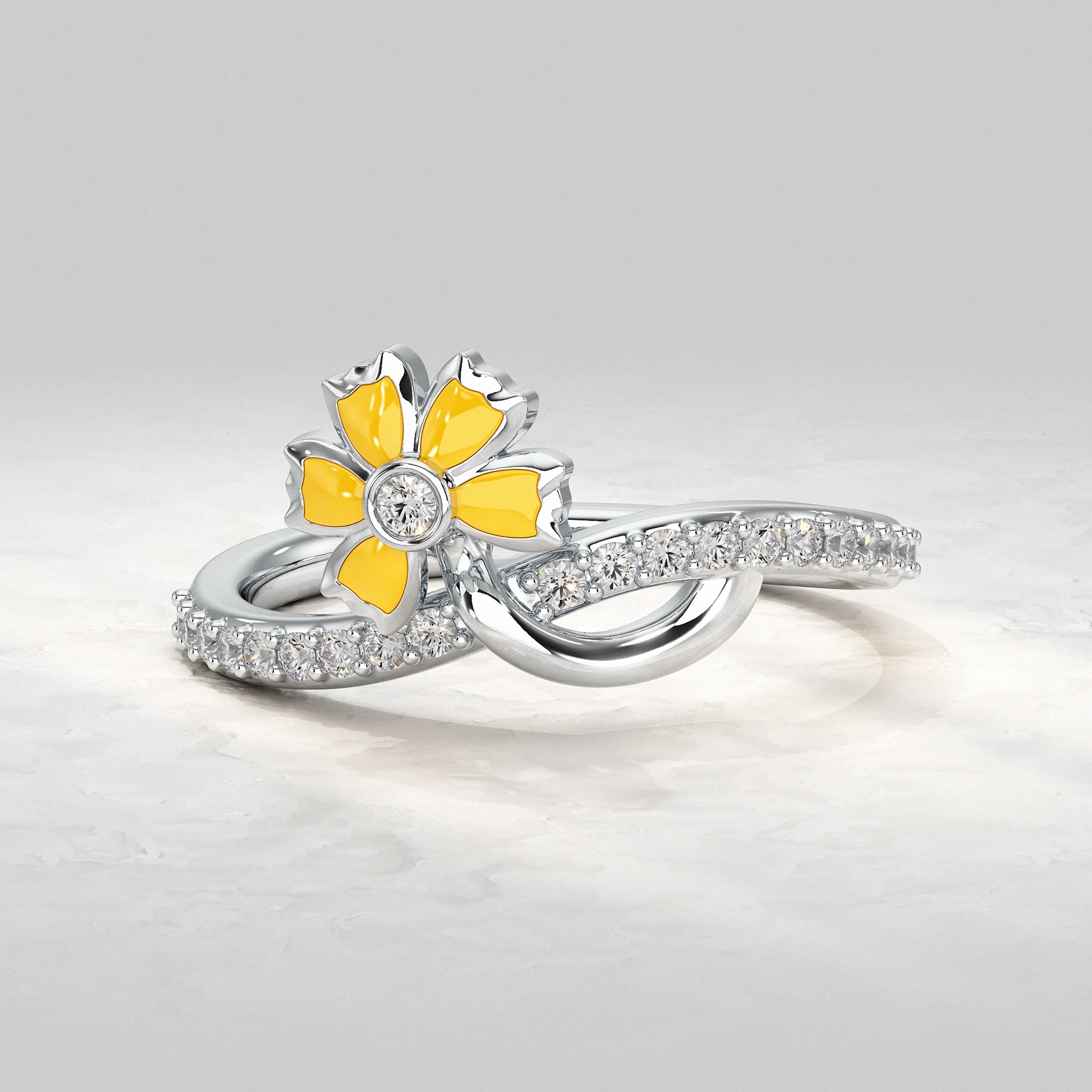 Silver-Ring-with-Yellow-Enamel-Flower-and-Diamond-Ring
