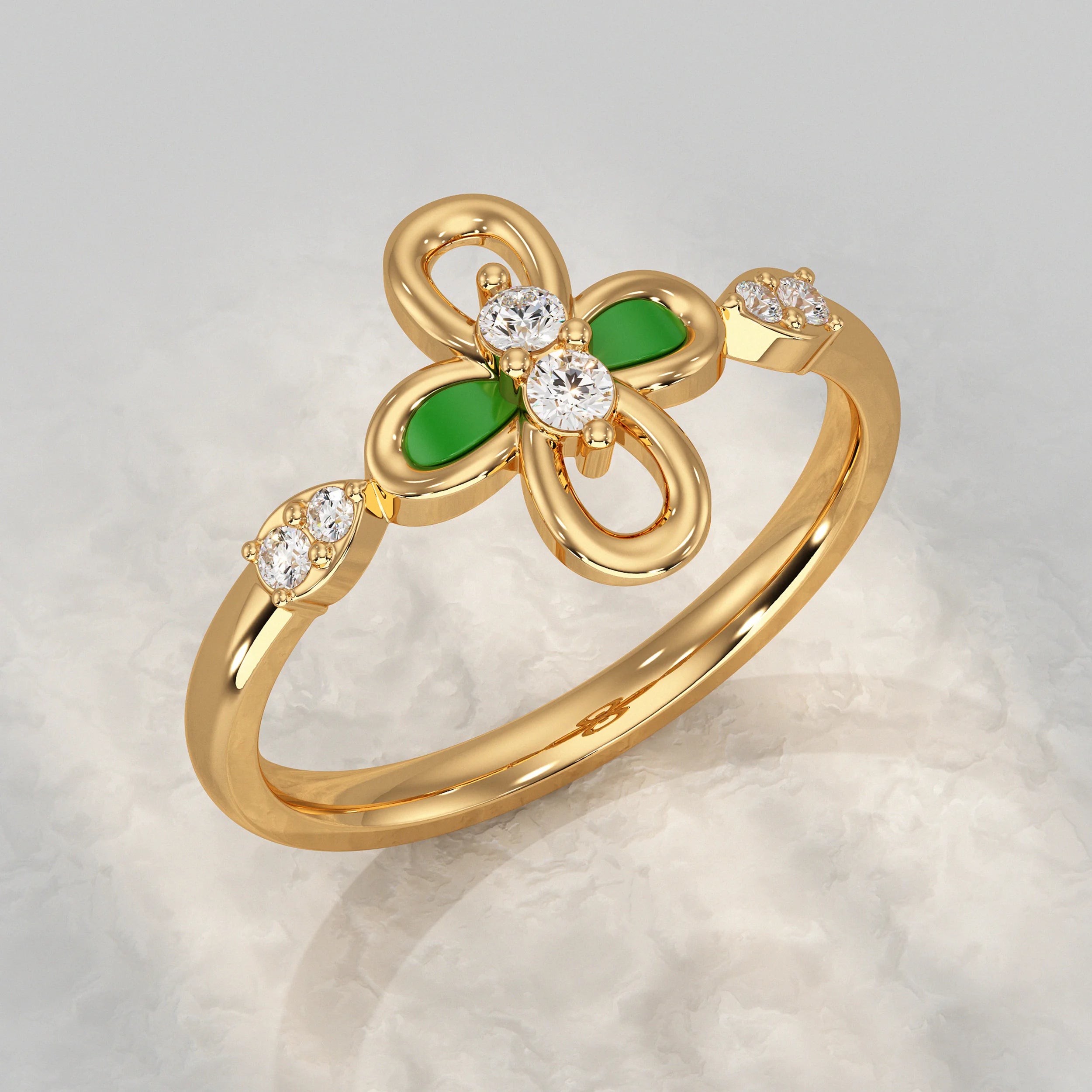 Floral Diamond Ring with Green Enamel Accent