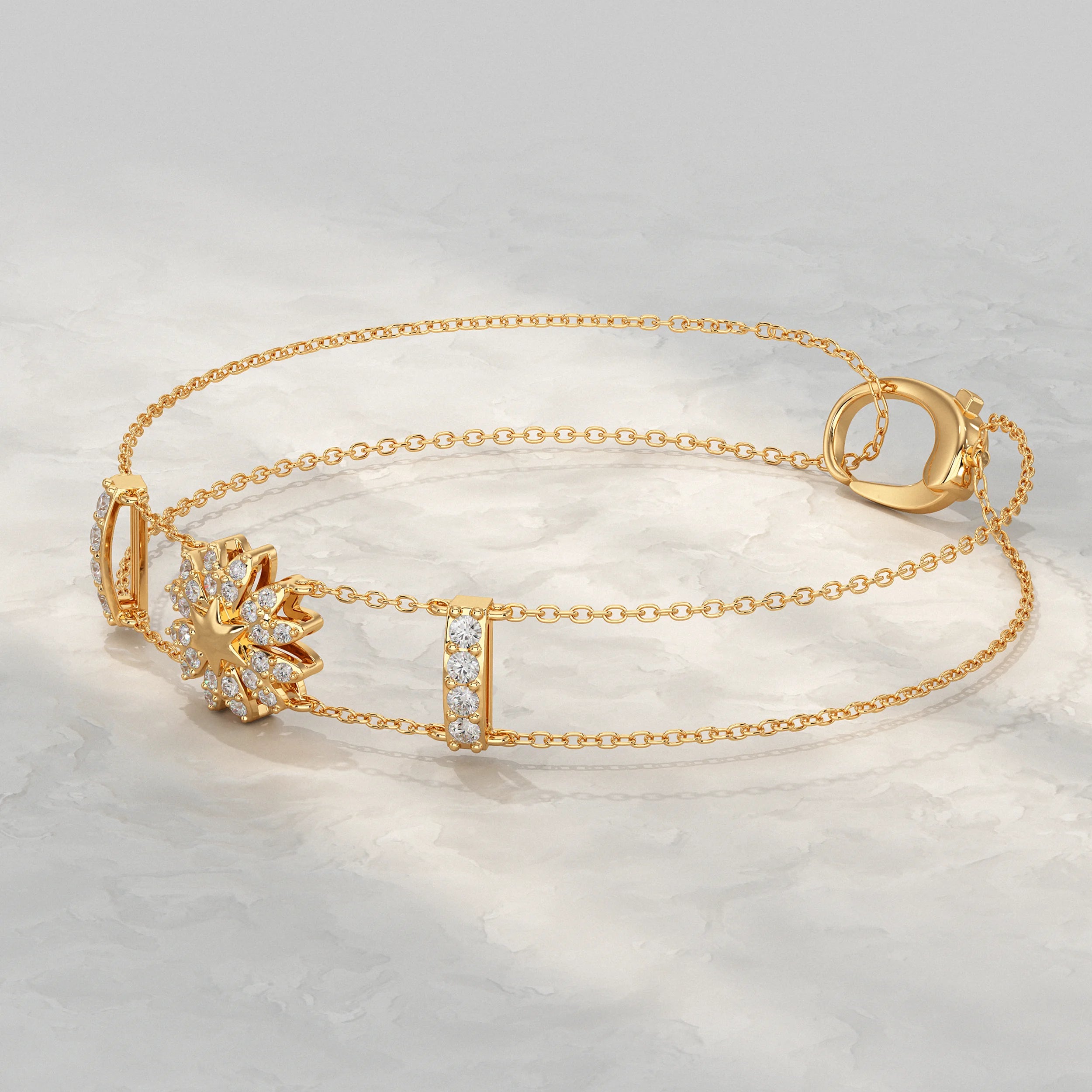 Floral Shape Round Diamond Double Chain Bracelet