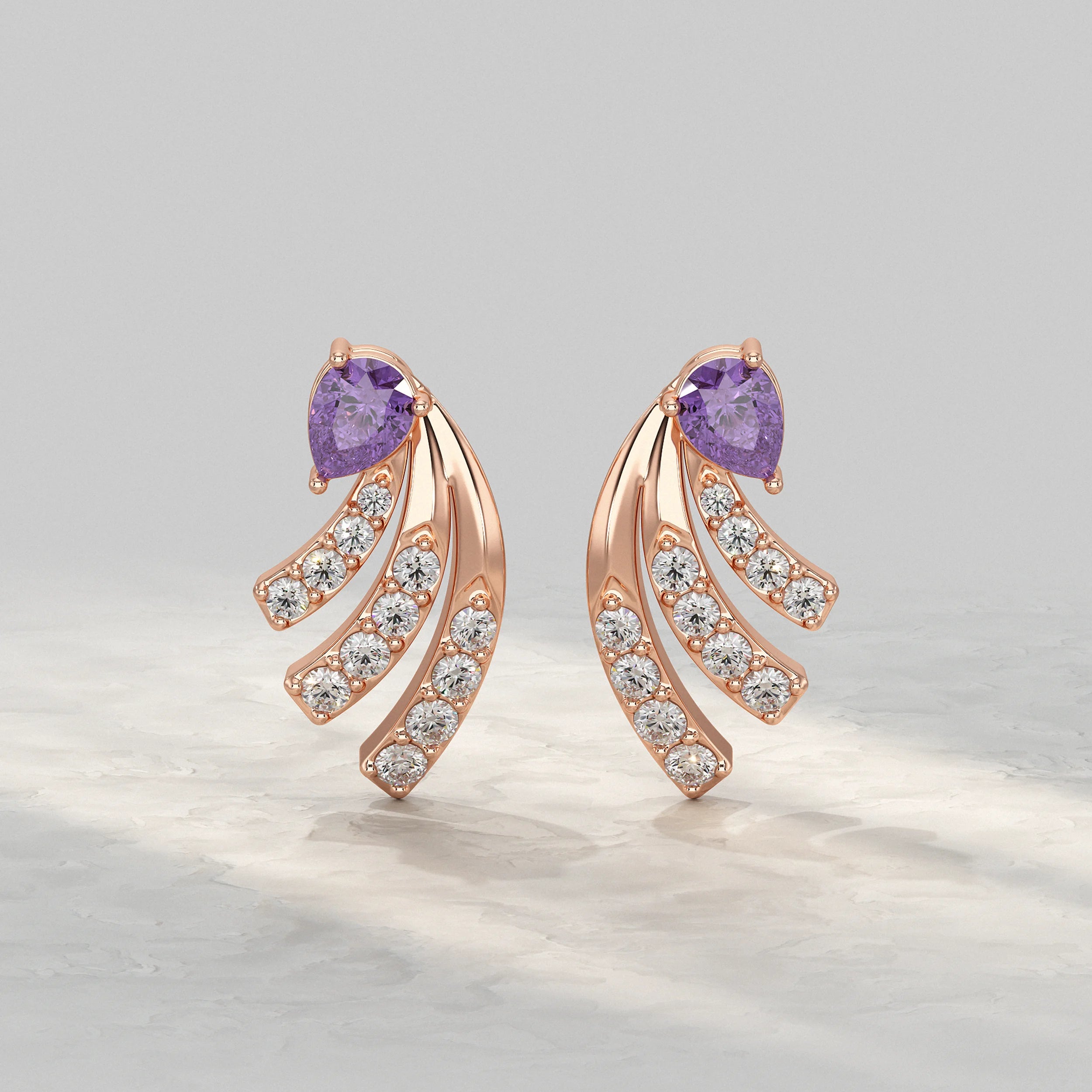 Pear Shaped Amethyst And Round Diamond Stud Earrings
