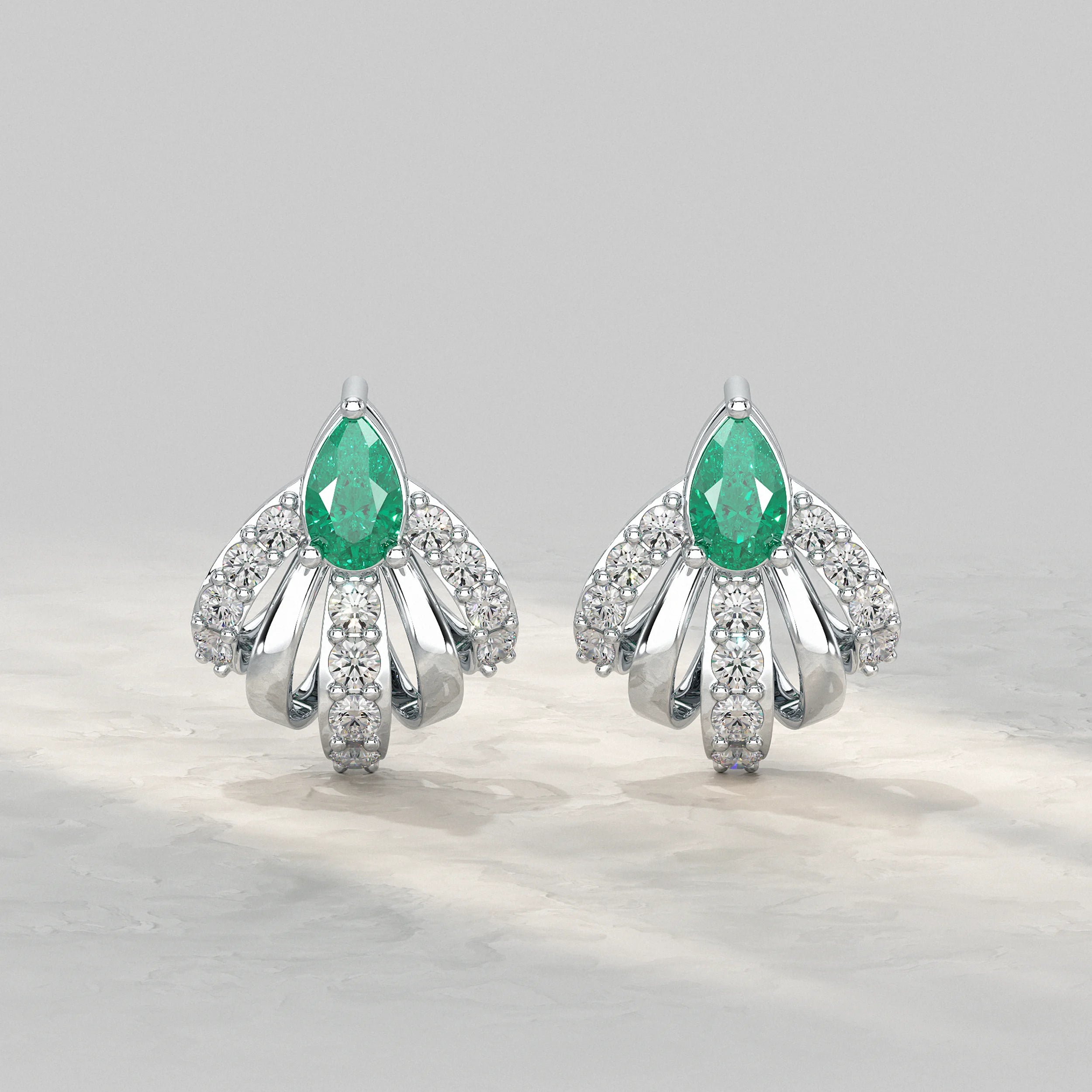 Pear Cut Emerald And Diamond Cluster Stud Earrings