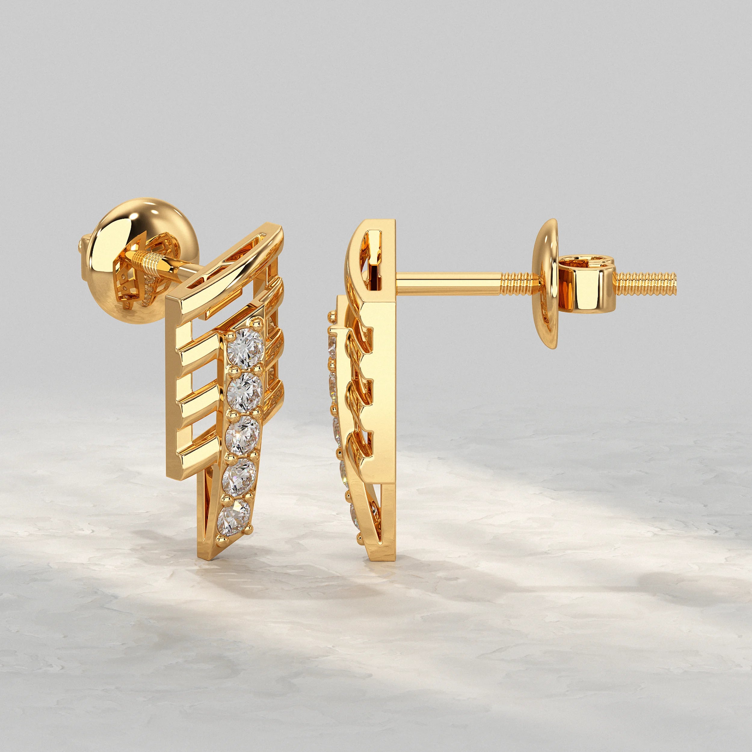 Geometric Open Frame Round Diamond Bar Earrings
