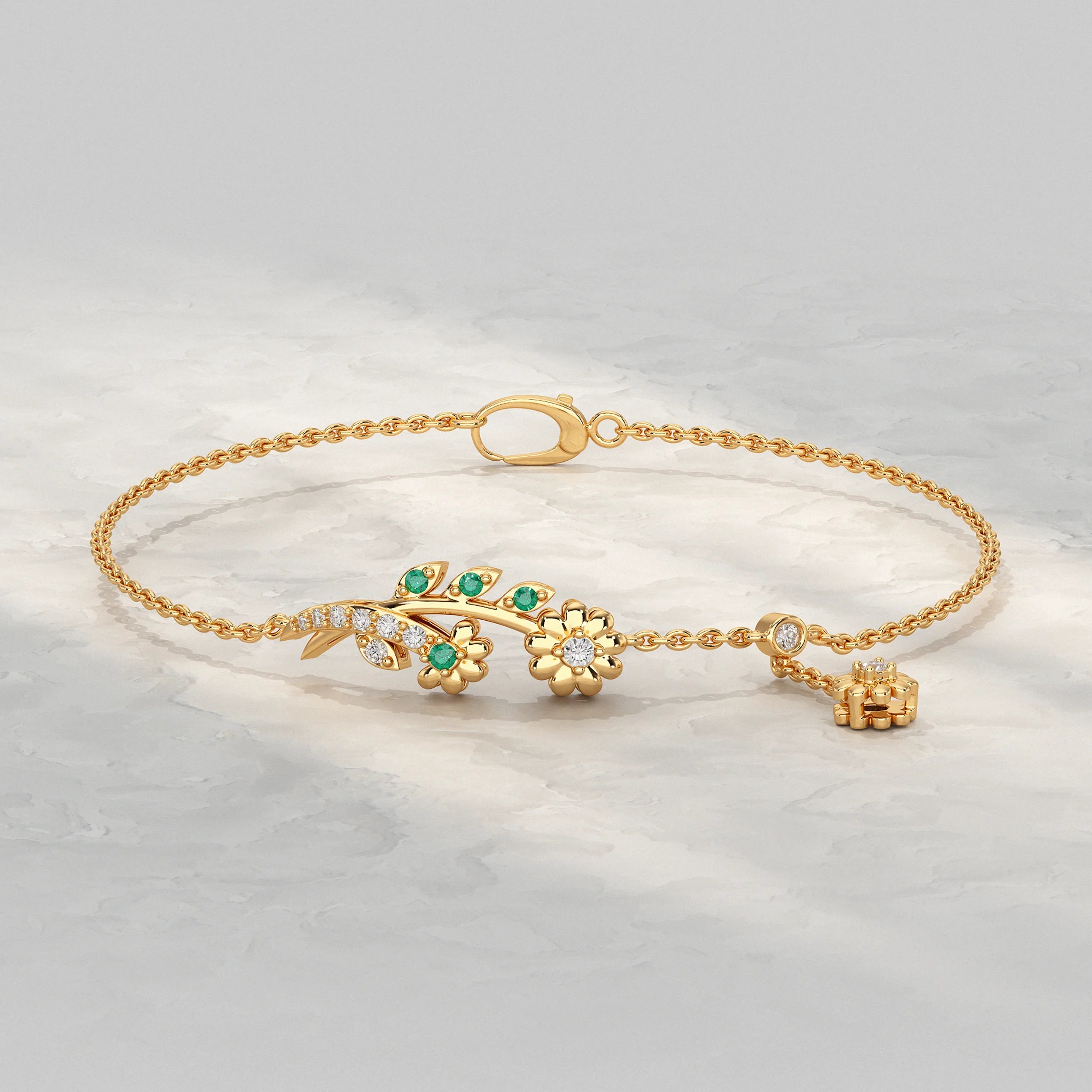 Round Lab Diamond Floral Leaf Charm Chain Bracelet