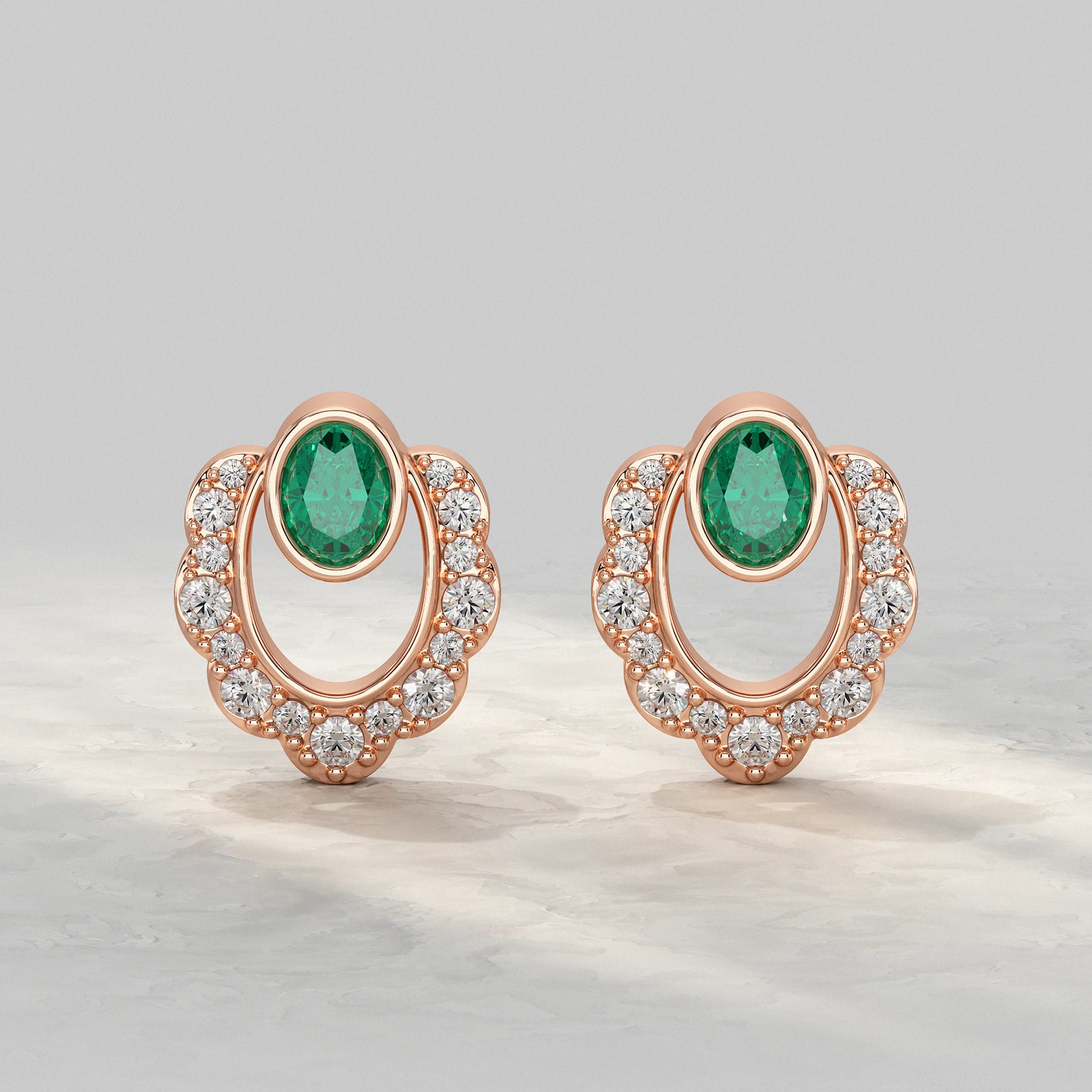 Oval Emerald Halo Stud Lab Diamond Earrings
