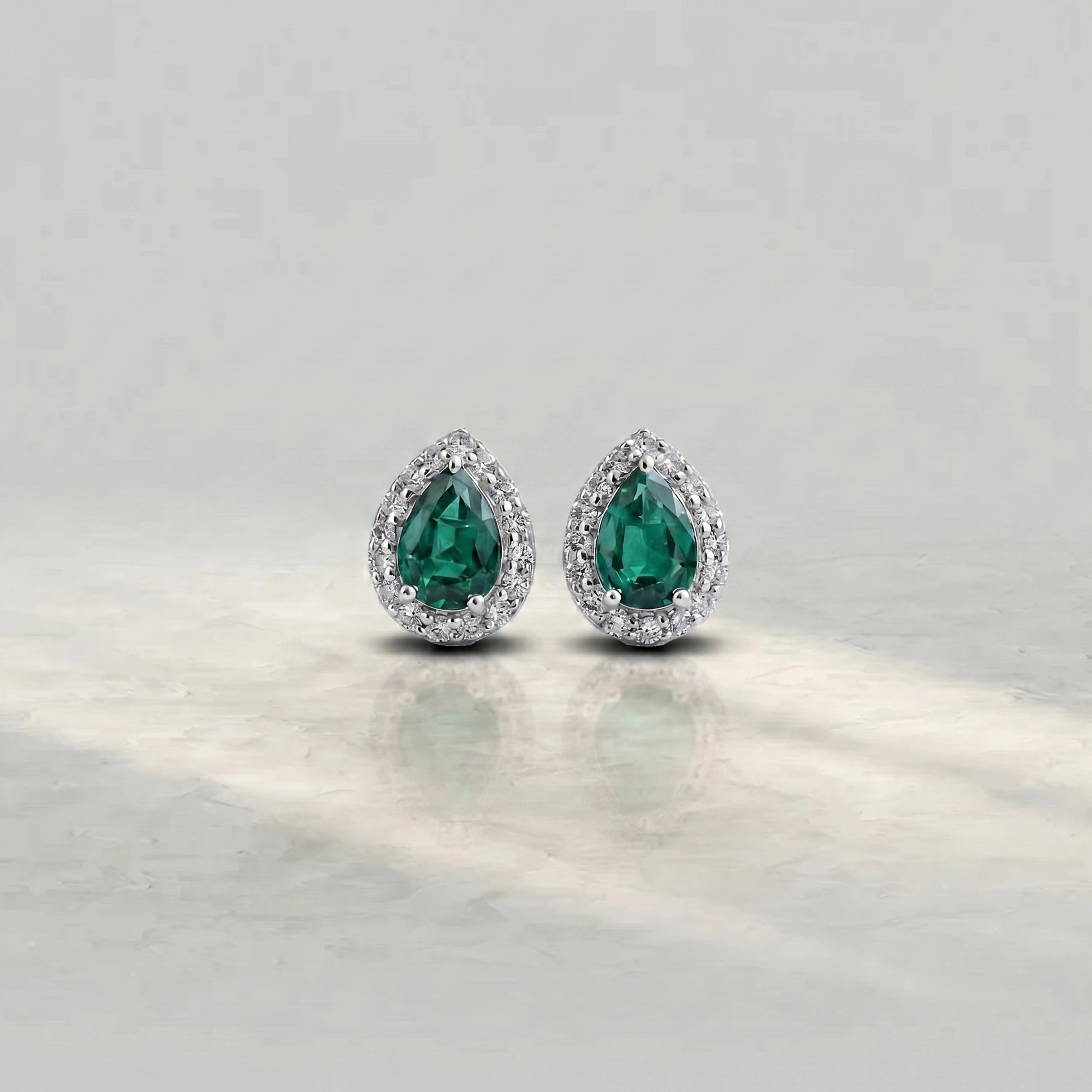 Emerald Pear Gemstone Halo Stud Earrings