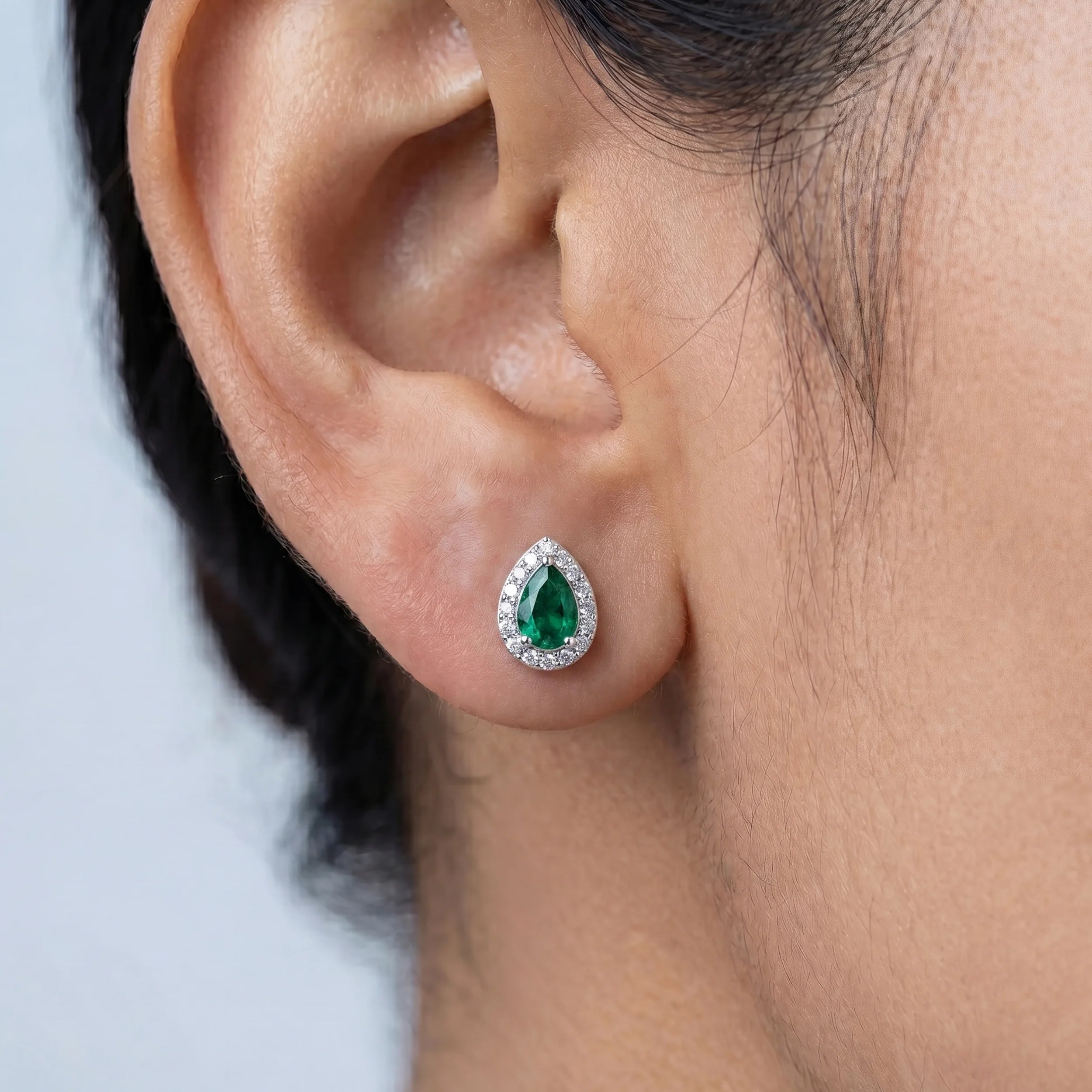 Emerald Pear Gemstone Halo Stud Earrings
