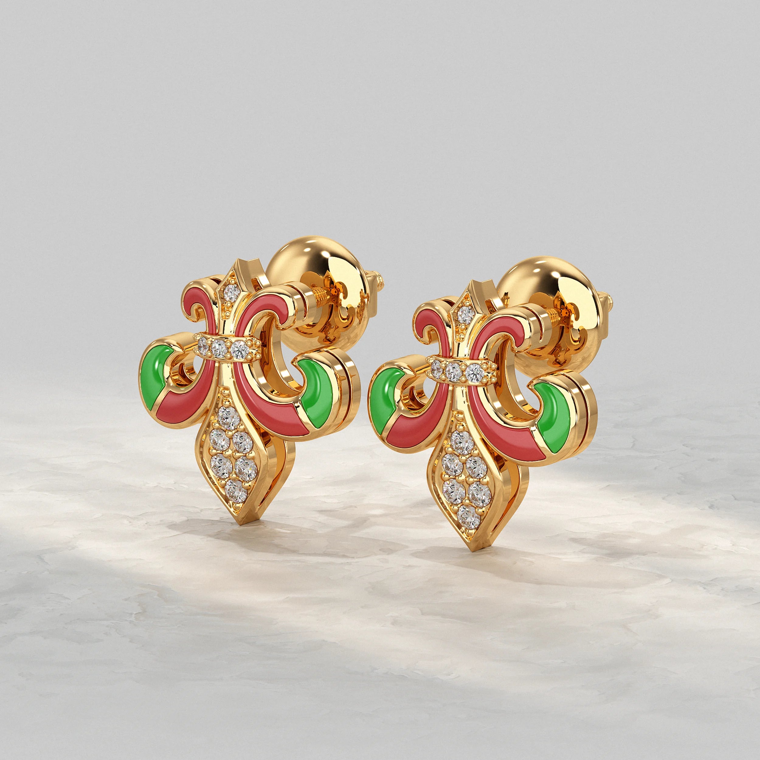 Enamel Diamond Fleur-de-Lis Stud Earrings