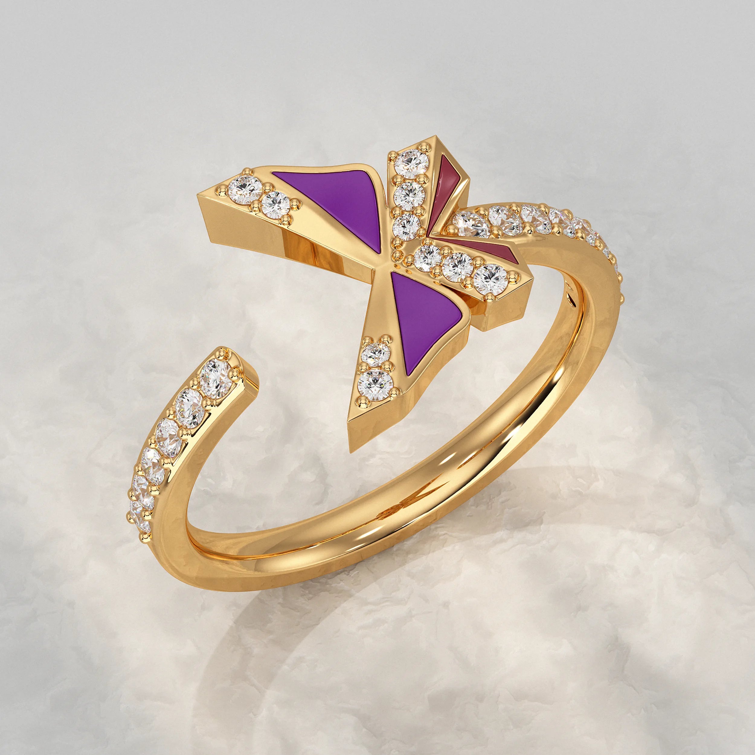 Purple Enamel Butterfly Lab Diamond Open Cuff Ring