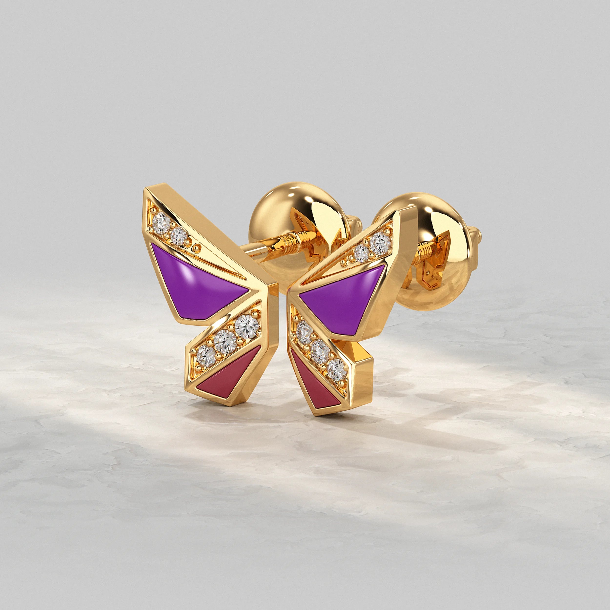 Purple Enamel Butterfly Lab Diamond Stud Earrings