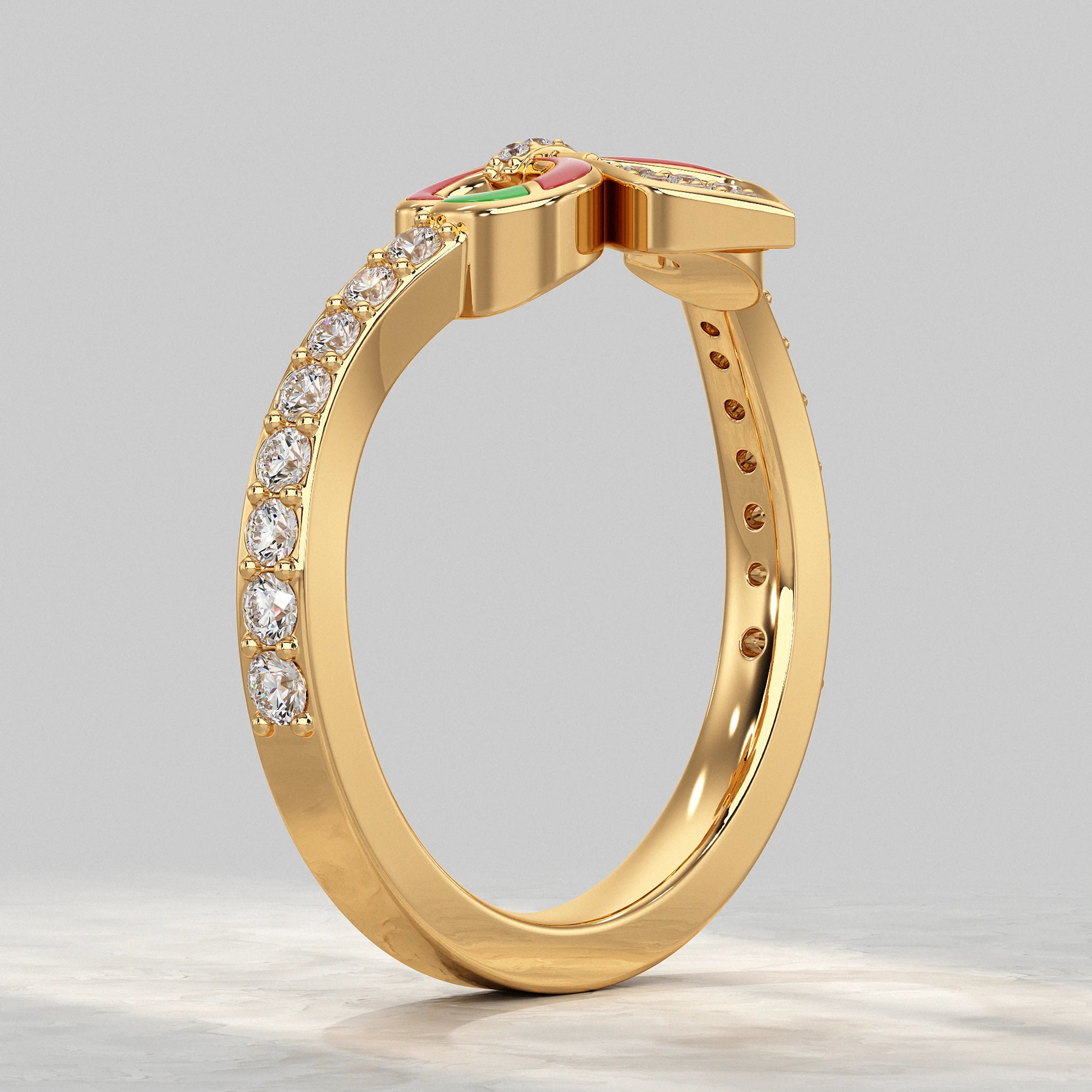 Lab Diamond Red & Green Enamel Fleur-de-Lis Ring