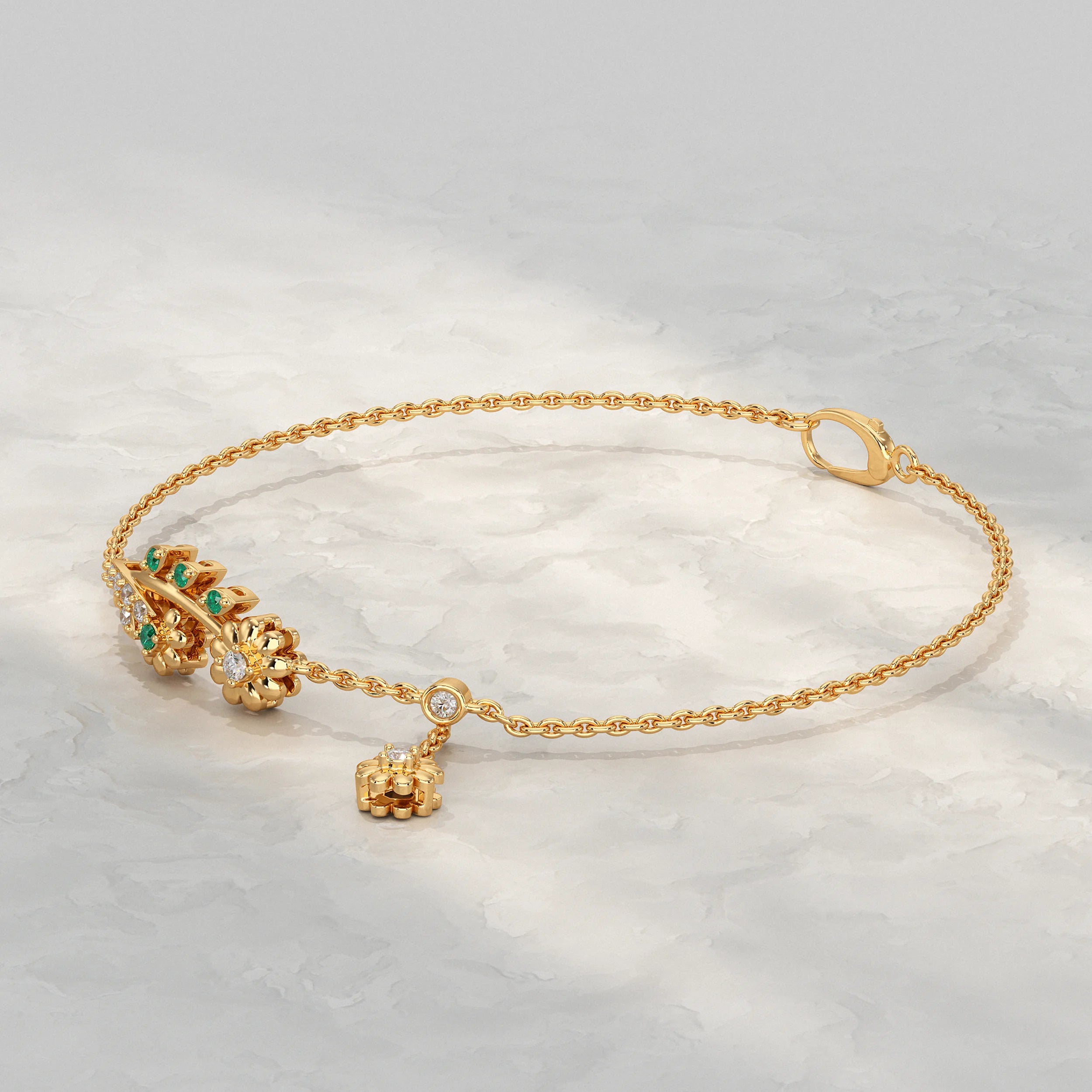 Round Lab Diamond Floral Leaf Charm Chain Bracelet