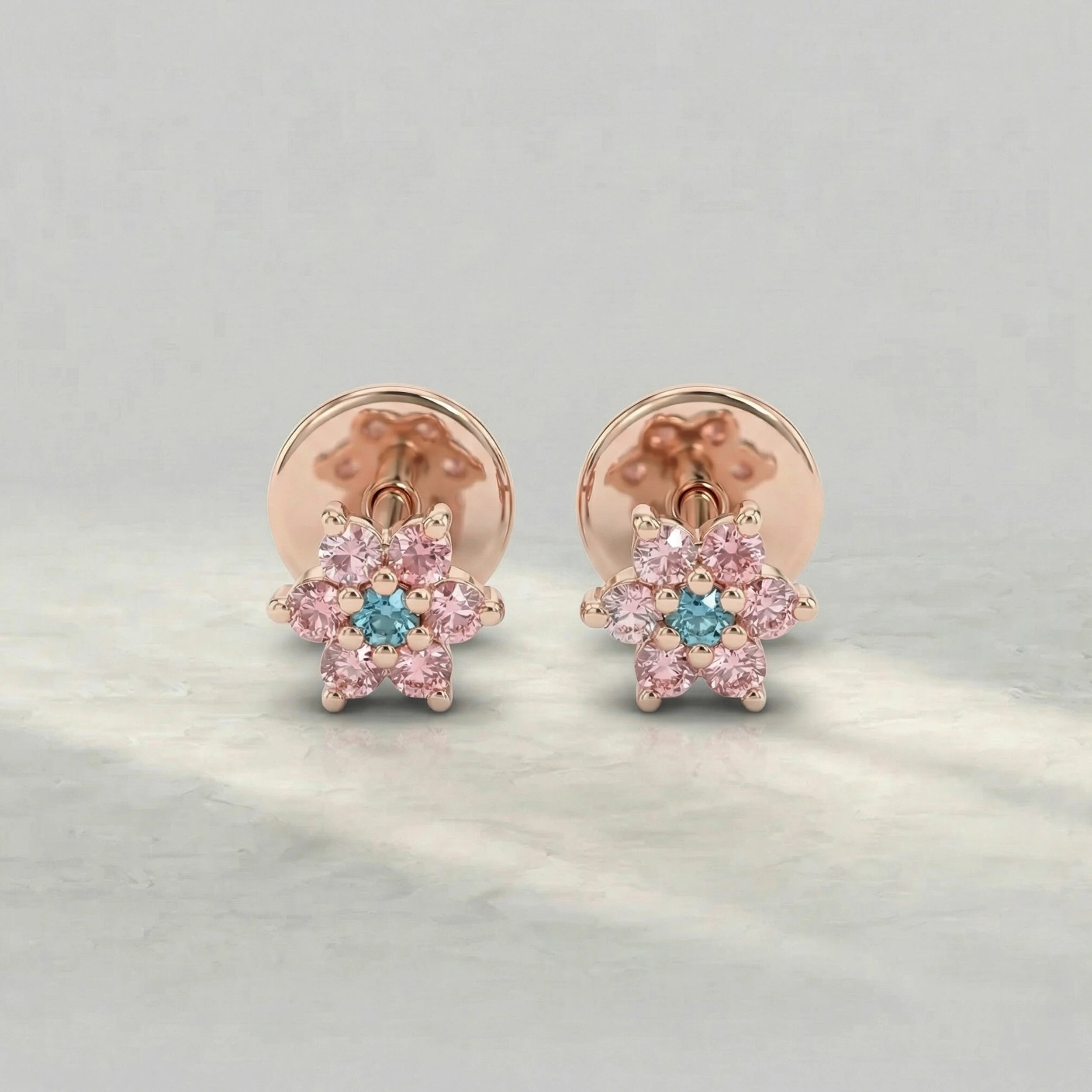 Floral Style Pink Round Diamond Stud Earring