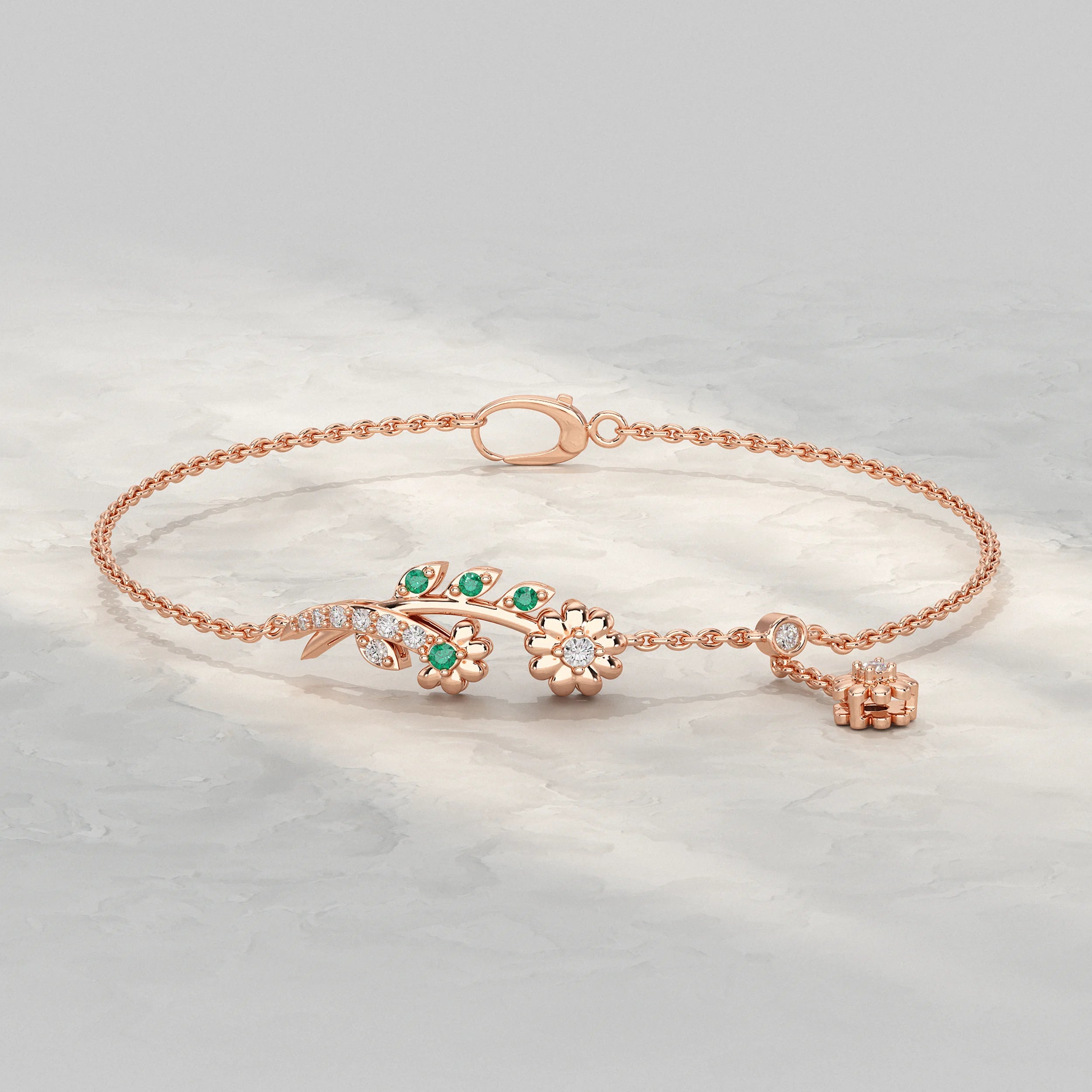 Round Lab Diamond Floral Leaf Charm Chain Bracelet