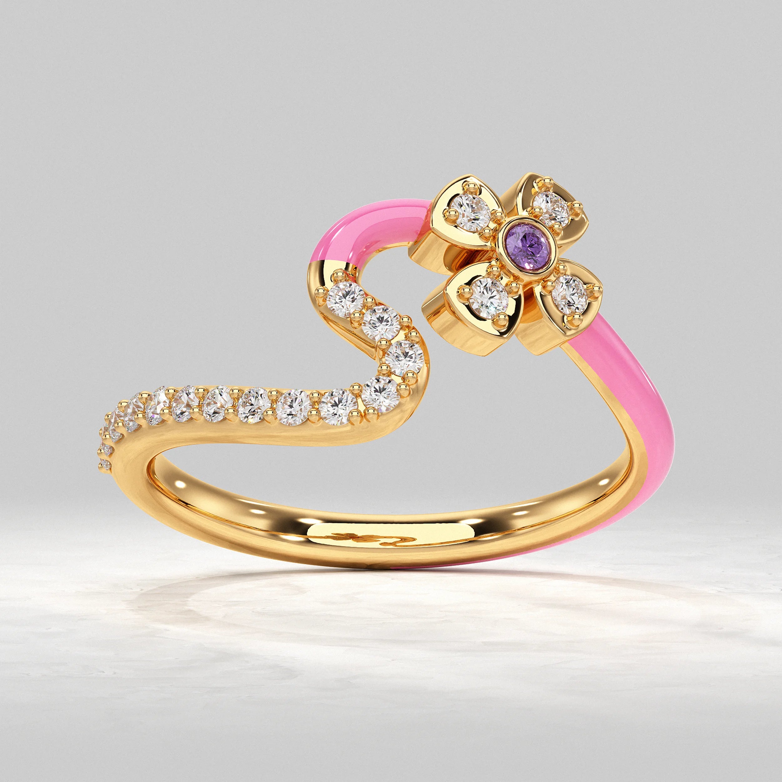 Yellow-Gold-Ring-with-Diamond-Flower-and-Pink-Swirls