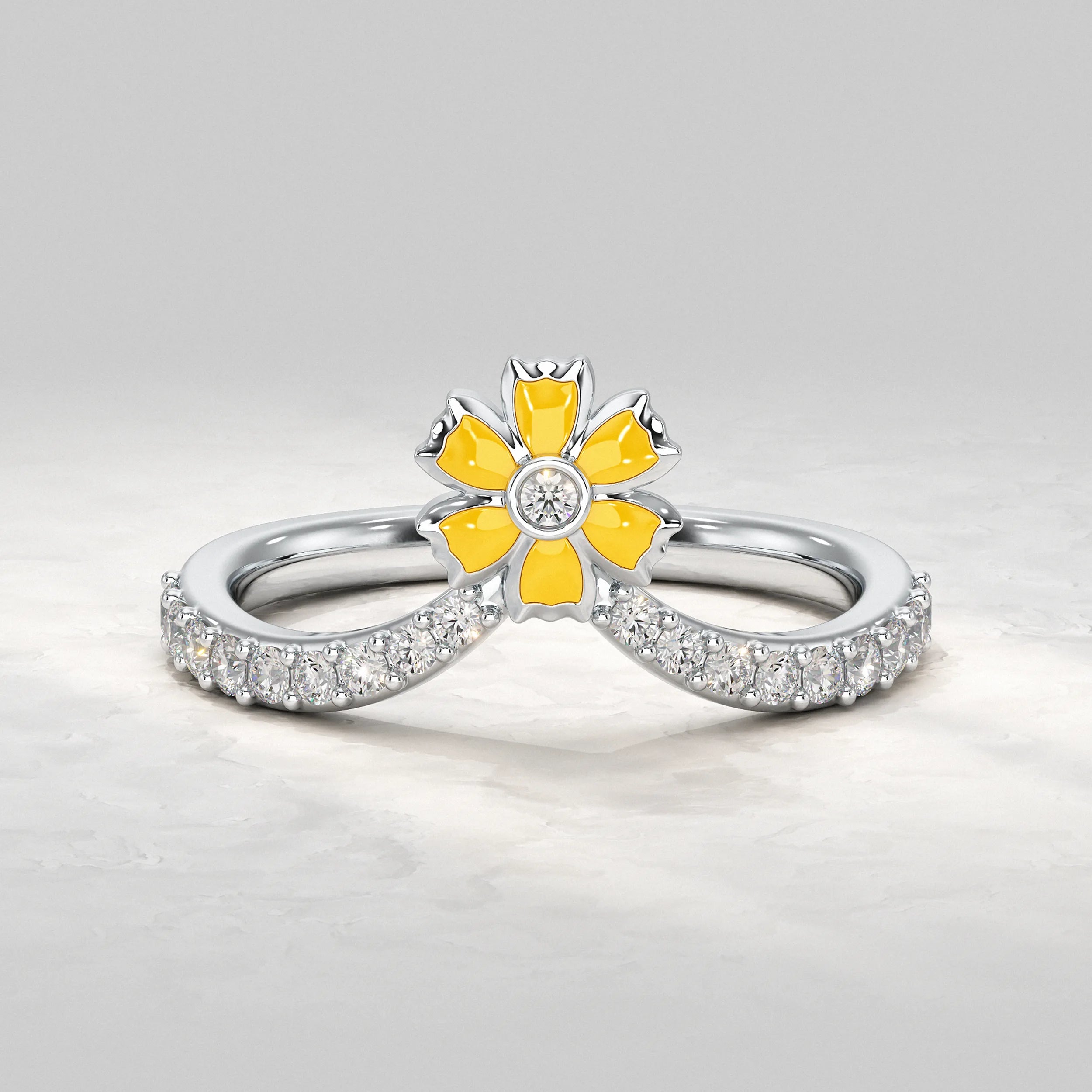 Silver-Ring-with-Yellow-Enamel-Flower-and-Diamond-Band