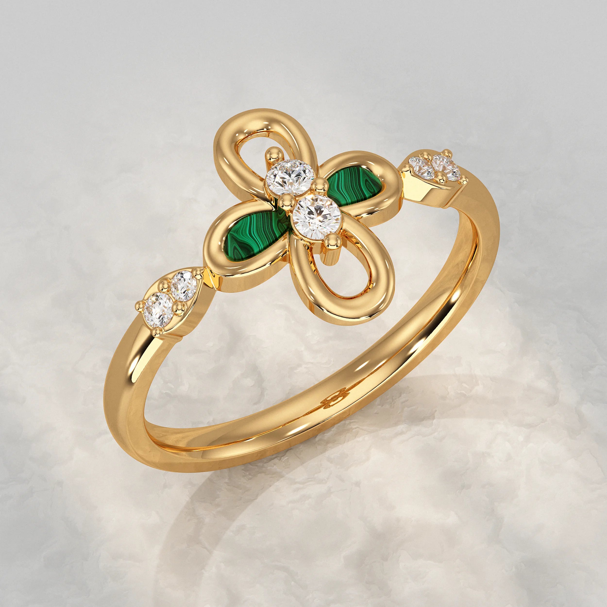 Floral Diamond Ring with Green Enamel Accent