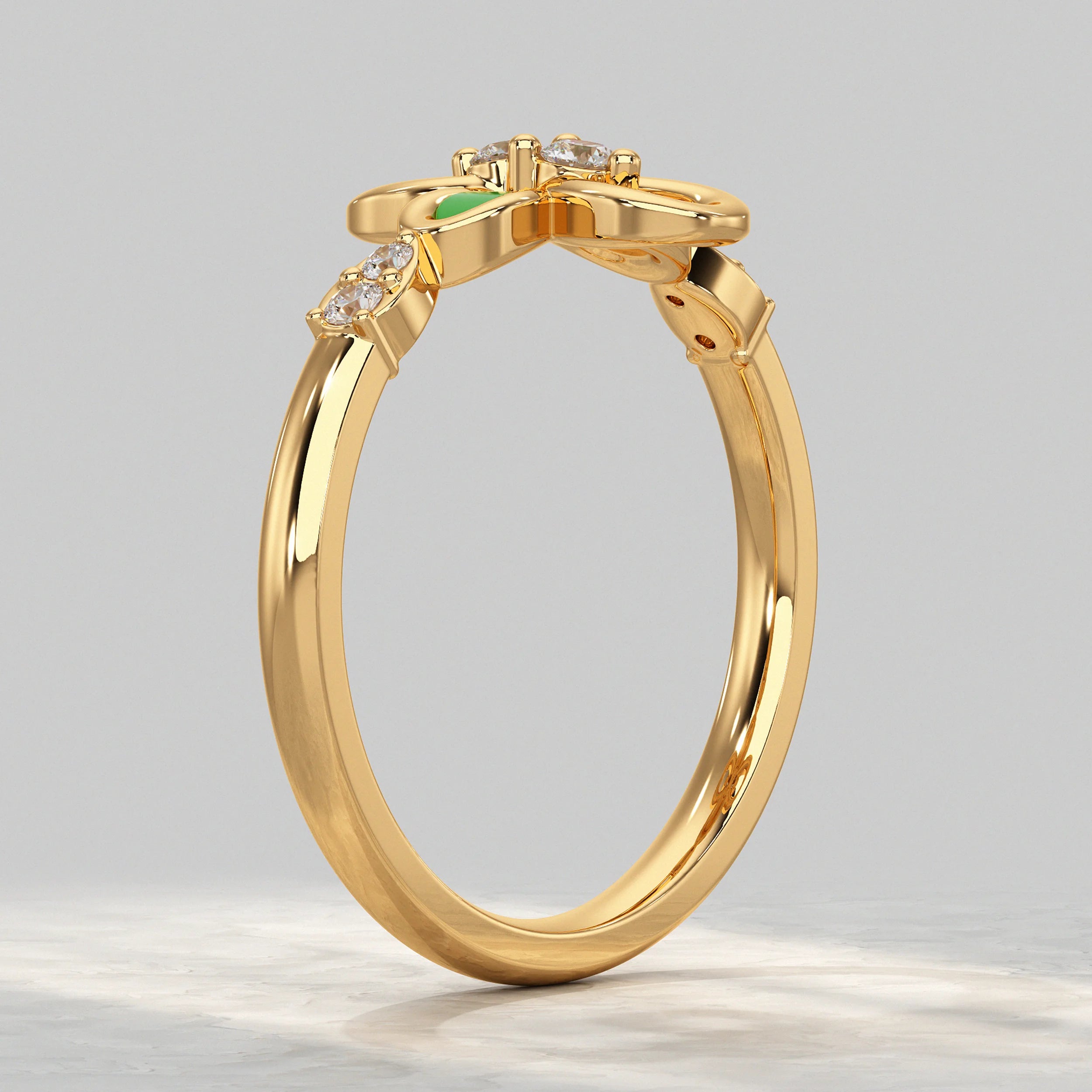 Floral Diamond Ring with Green Enamel Accent