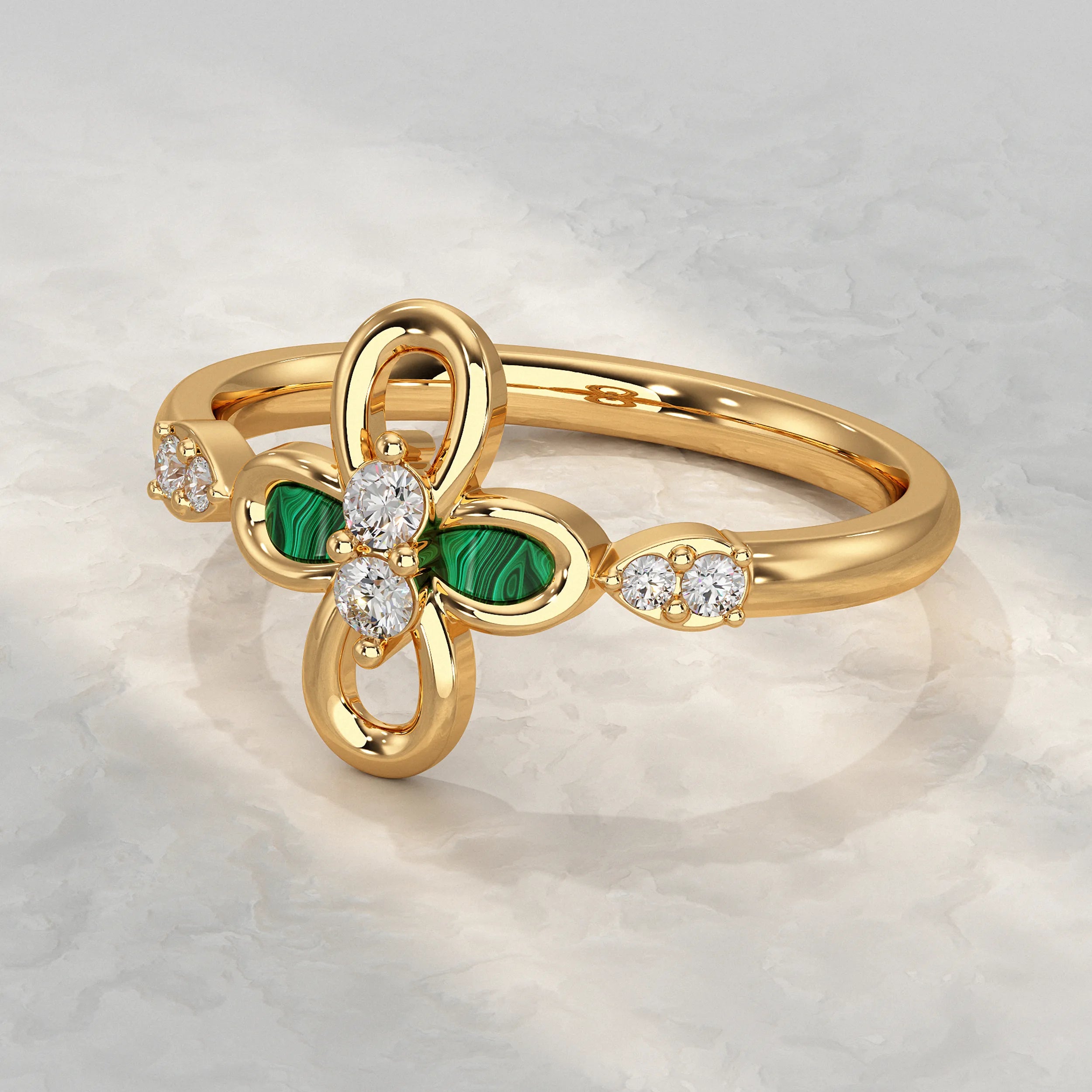 Floral Diamond Ring with Green Enamel Accent